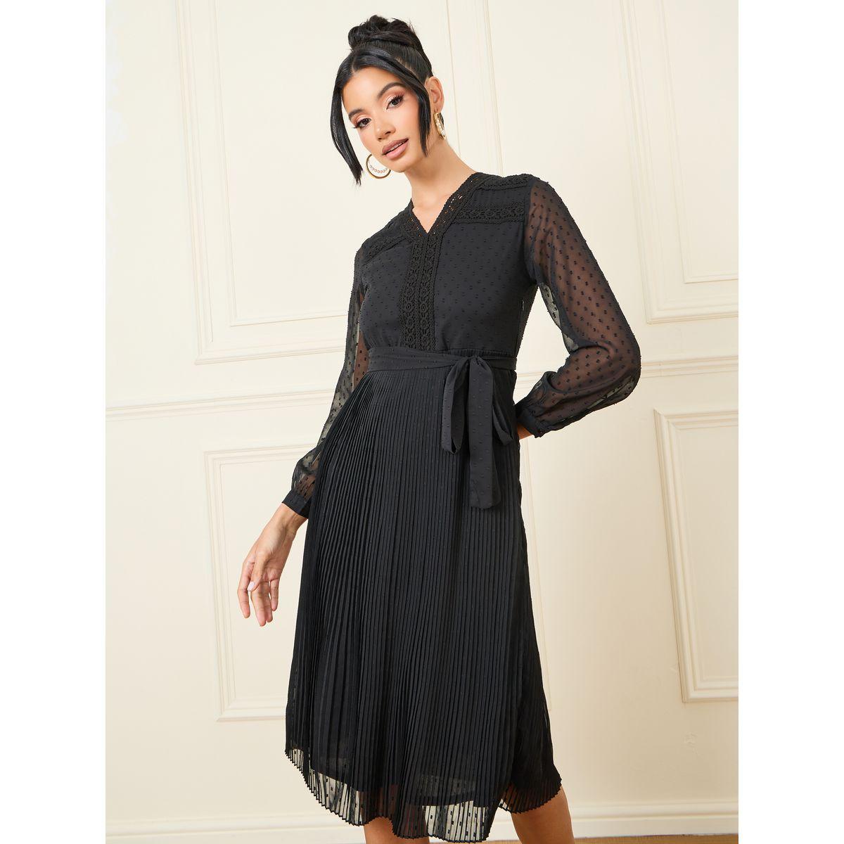 فستان بطول الركبة مع اكمام شفافة ورباط خصر-women-clothing-dresses-image-1
