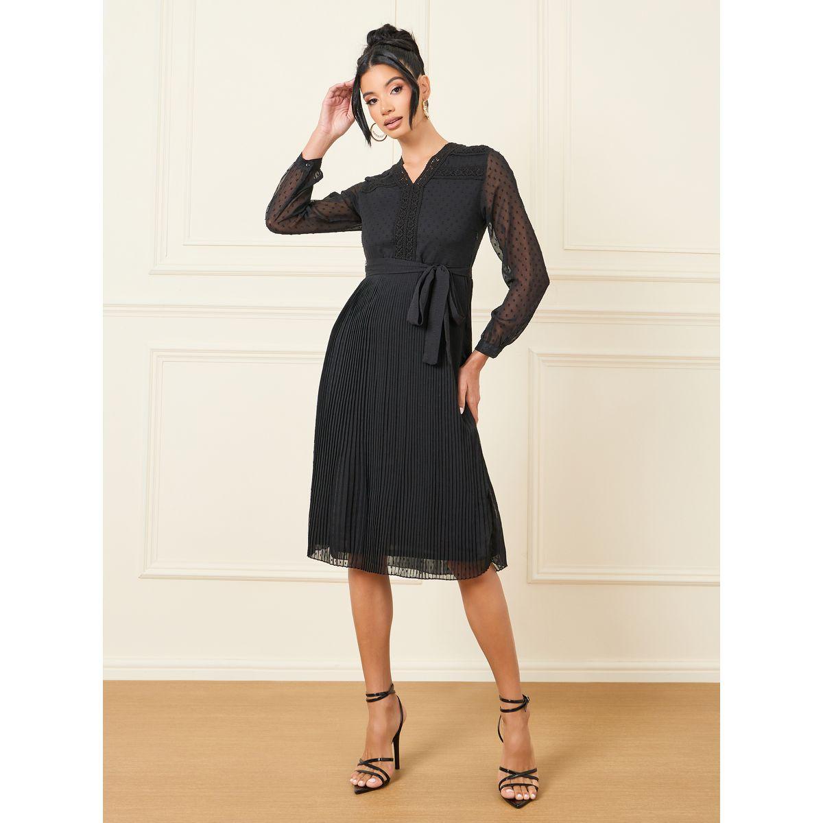 Styli Dobby Sheer Sleeves Pleated A-Line Knee Length Dress-women-clothing-dresses-image-2