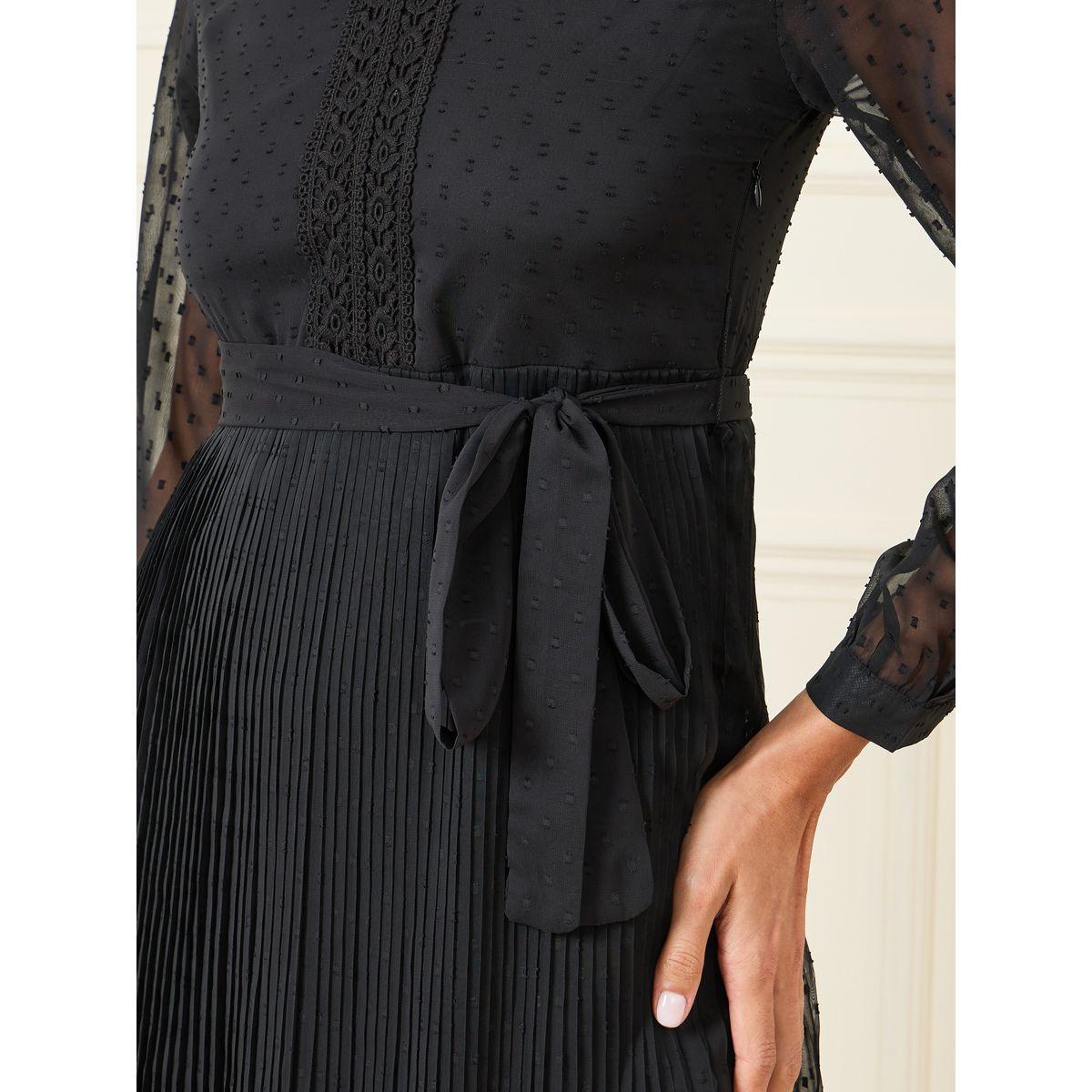 Styli Dobby Sheer Sleeves Pleated A-Line Knee Length Dress-women-clothing-dresses-image-3