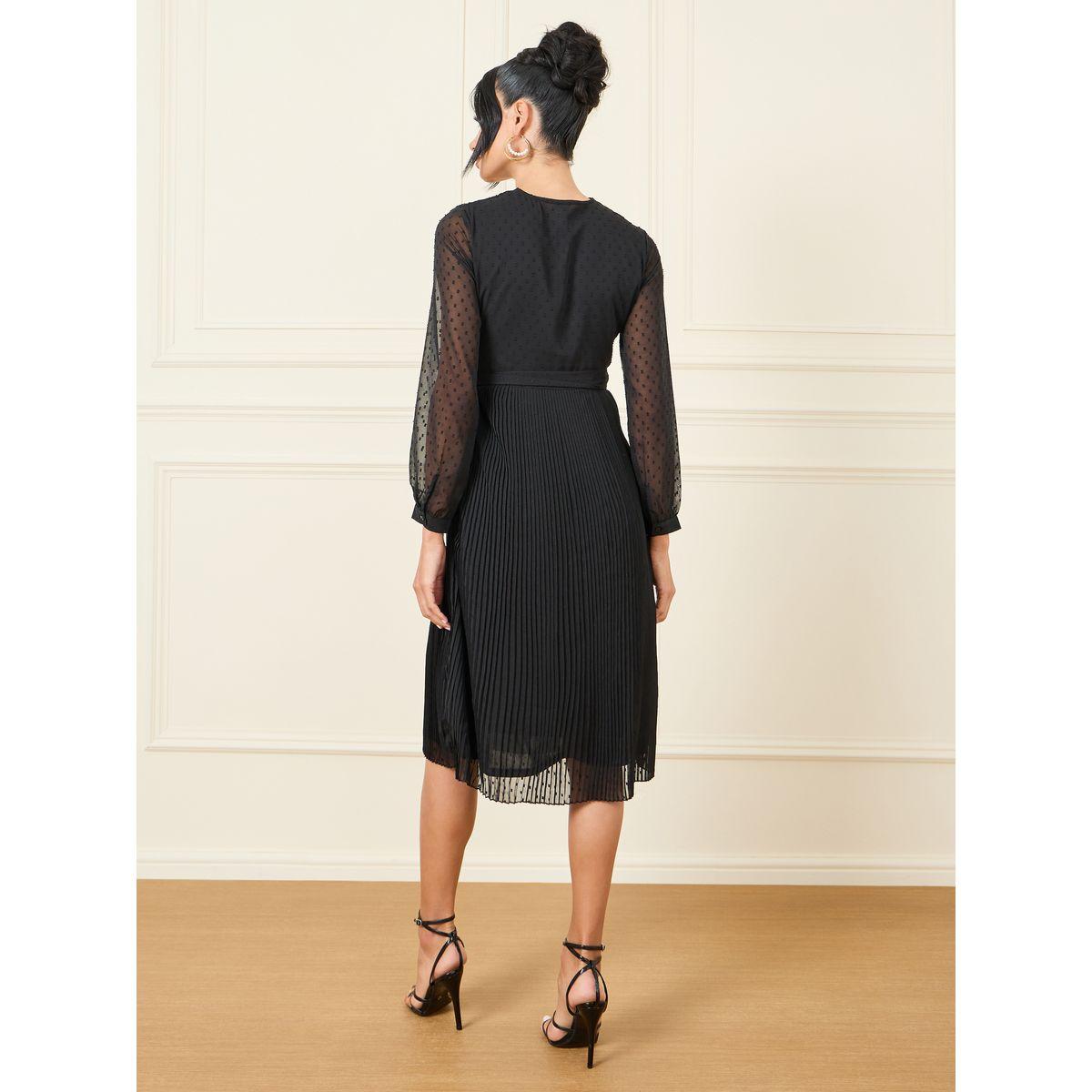 Styli Dobby Sheer Sleeves Pleated A-Line Knee Length Dress-women-clothing-dresses-image-4
