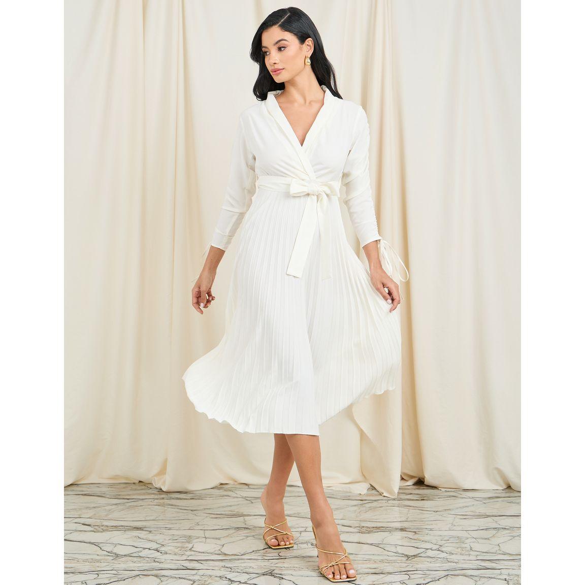 Styli Accordion Pleated Ruched Sleeves Wrap Midi Dress-women-clothing-dresses-image-1