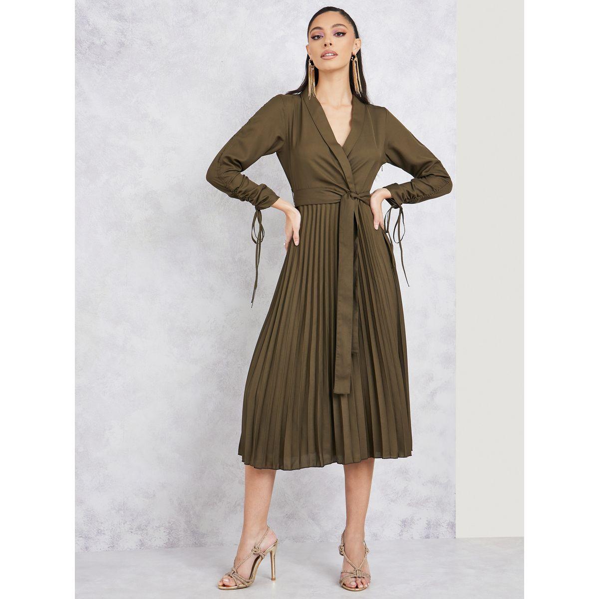 Styli Accordion Pleated Ruched Sleeves Midi Wrap Dress-women-clothing-dresses-image-1