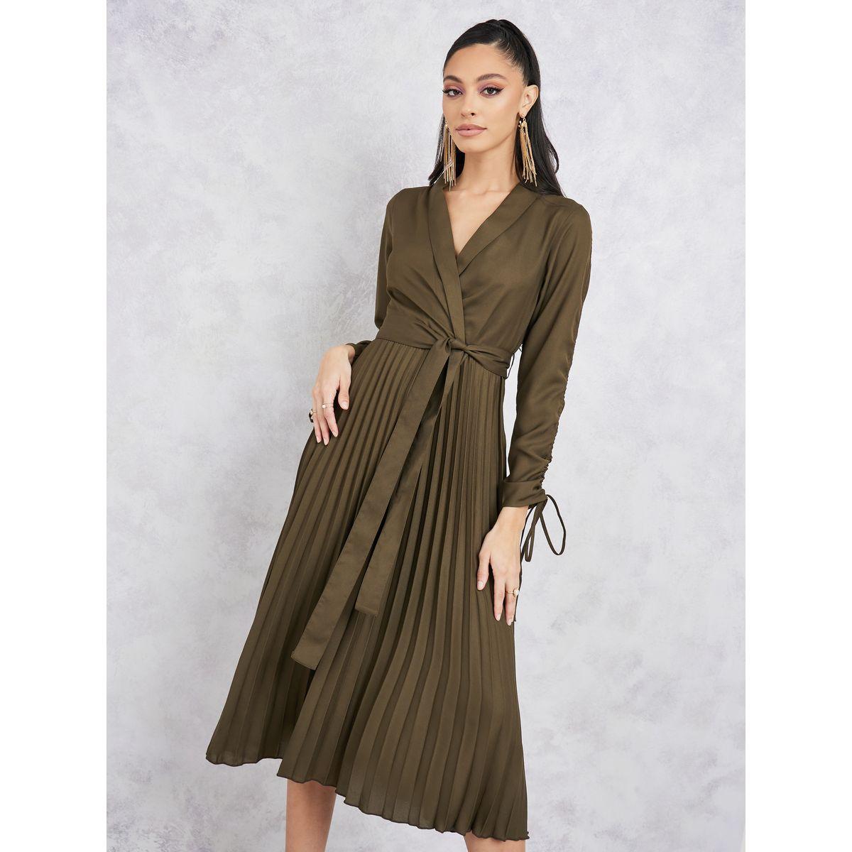 Styli Accordion Pleated Ruched Sleeves Midi Wrap Dress-women-clothing-dresses-image-2