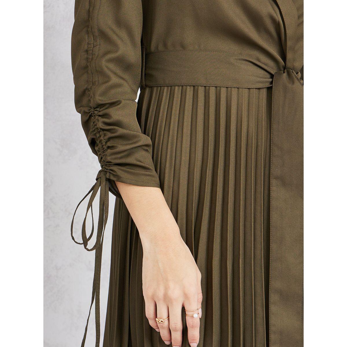 Styli Accordion Pleated Ruched Sleeves Midi Wrap Dress-women-clothing-dresses-image-3