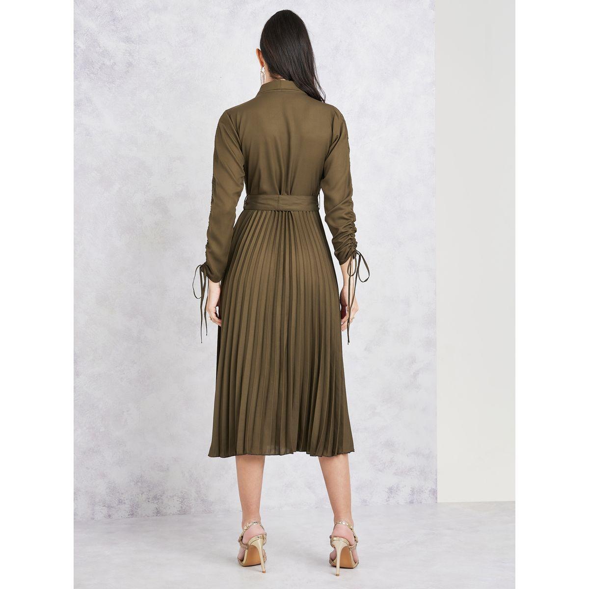 Styli Accordion Pleated Ruched Sleeves Midi Wrap Dress-women-clothing-dresses-image-4