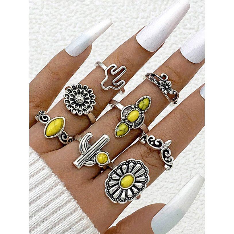Styli Set of 8 - Cactus Design Vintage Rings-women-watchesandjewellery-jewellery-rings-image-2