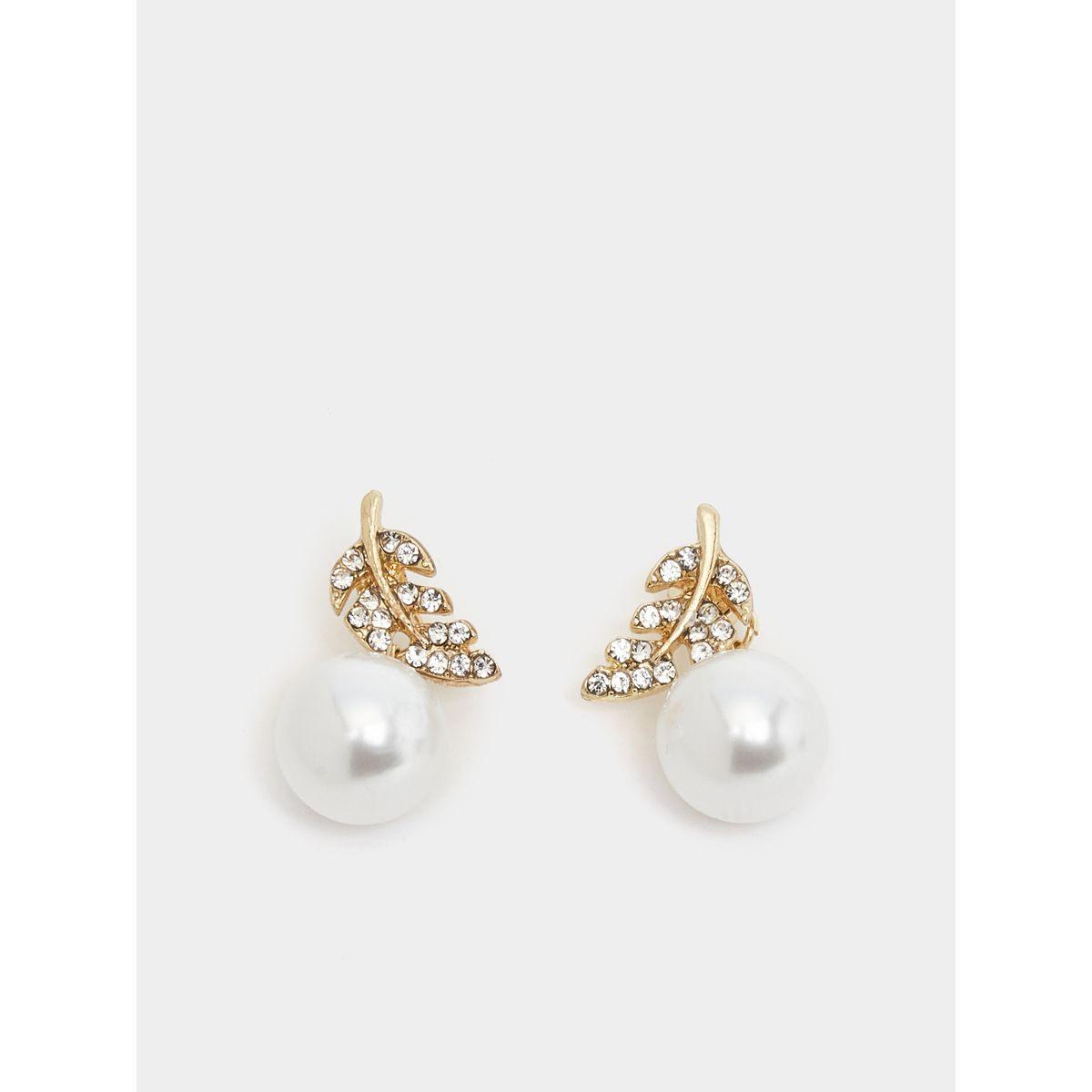 Styli Leaf Faux Pearl Drop Earrings-women-watchesandjewellery-jewellery-earrings-image-1