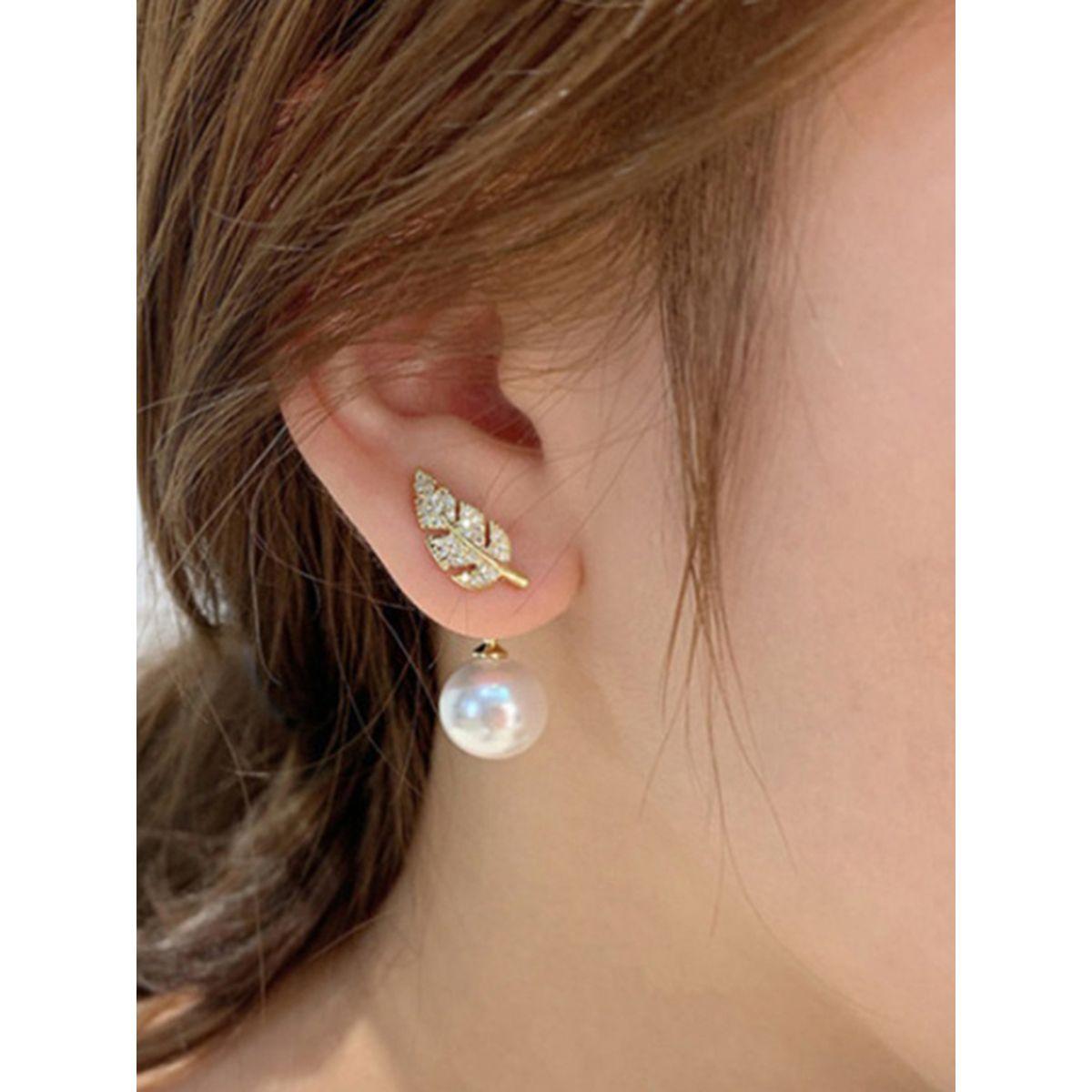 Styli Leaf Faux Pearl Drop Earrings-women-watchesandjewellery-jewellery-earrings-image-3