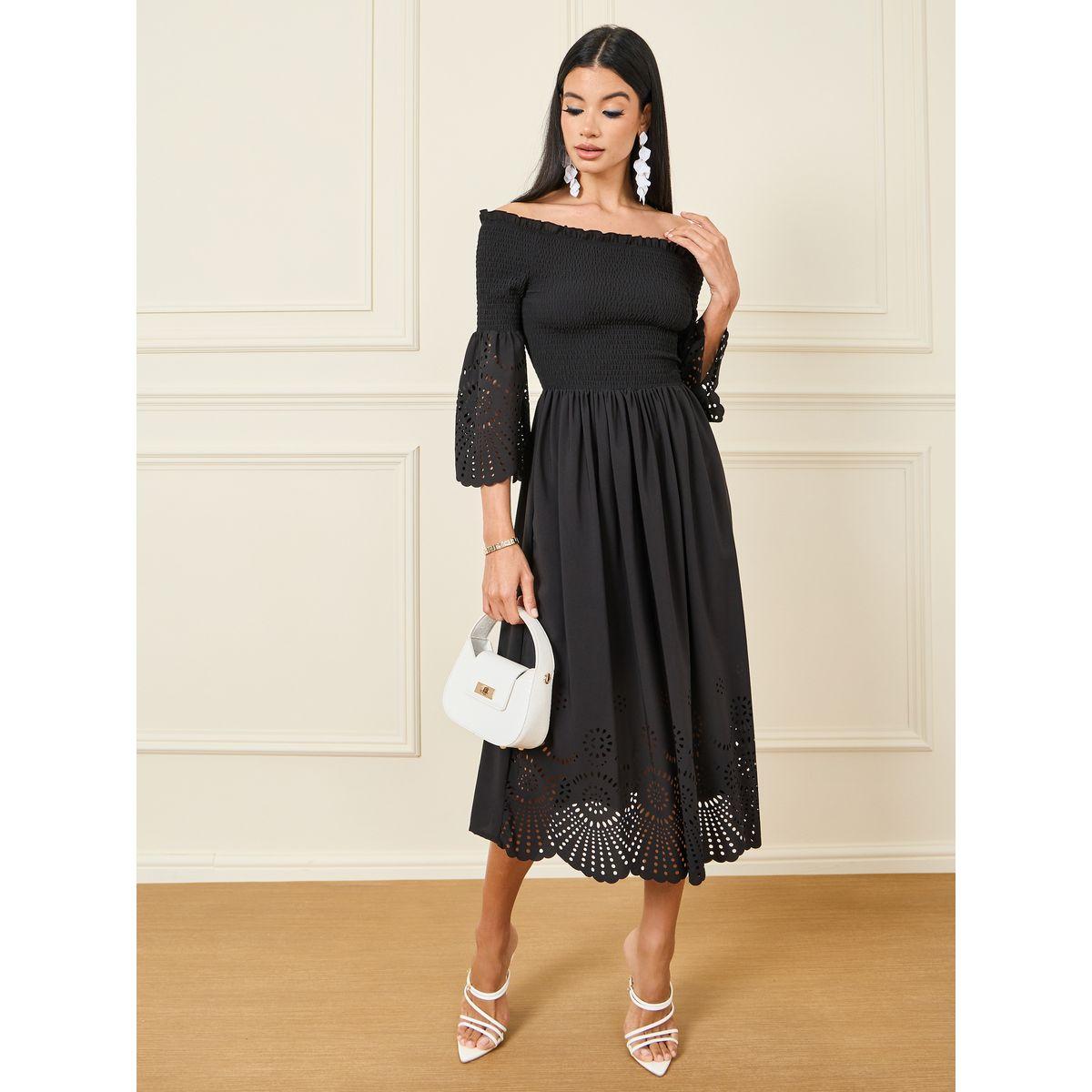 Styli Smocked Off Shoulder Laser Cut Out Detail Midi Dress-women-clothing-dresses-image-1