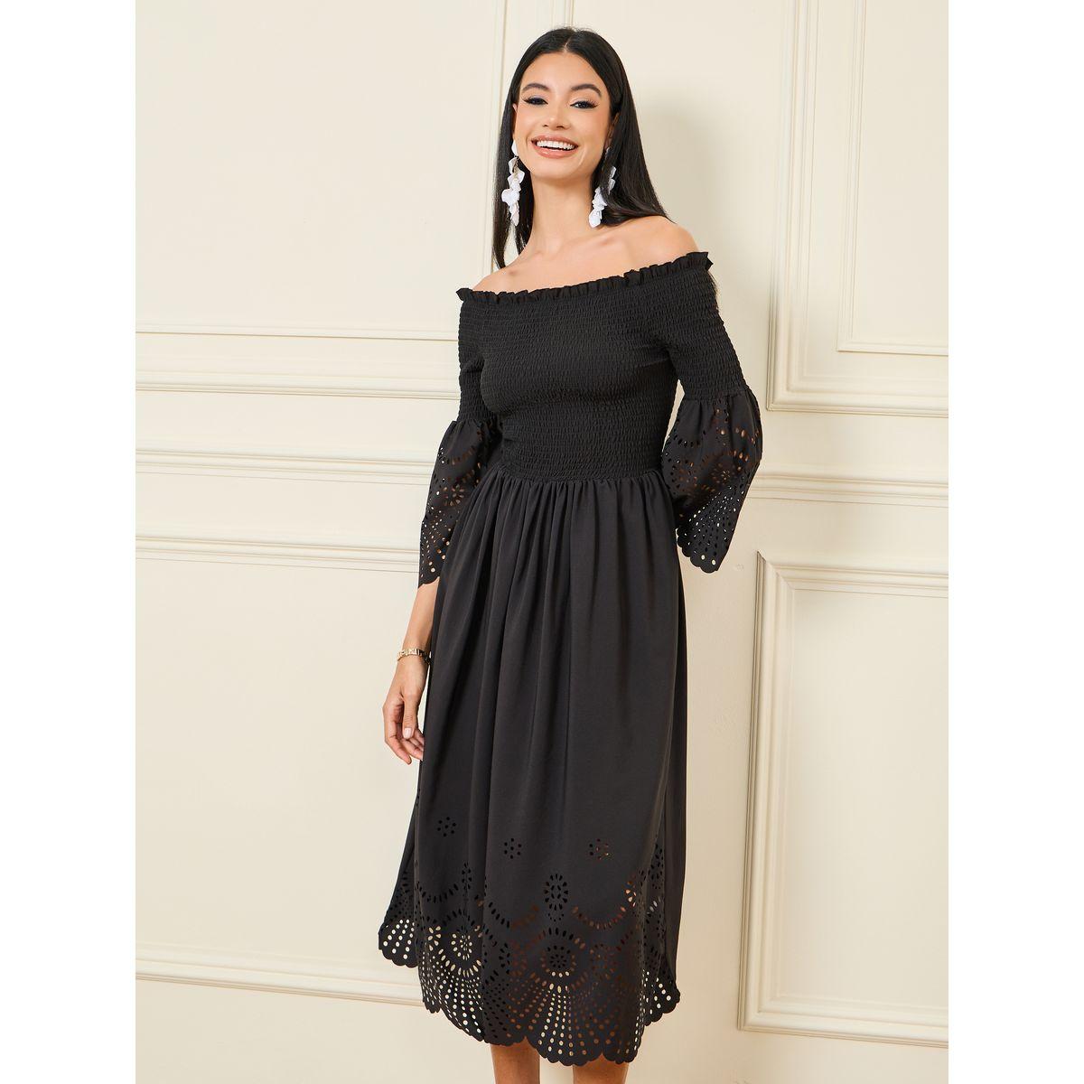 Styli Smocked Off Shoulder Laser Cut Out Detail Midi Dress-women-clothing-dresses-image-2