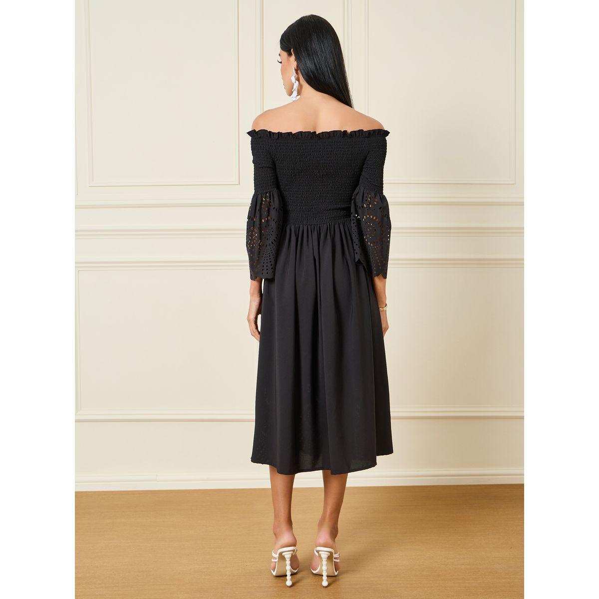 Styli Smocked Off Shoulder Laser Cut Out Detail Midi Dress-women-clothing-dresses-image-4