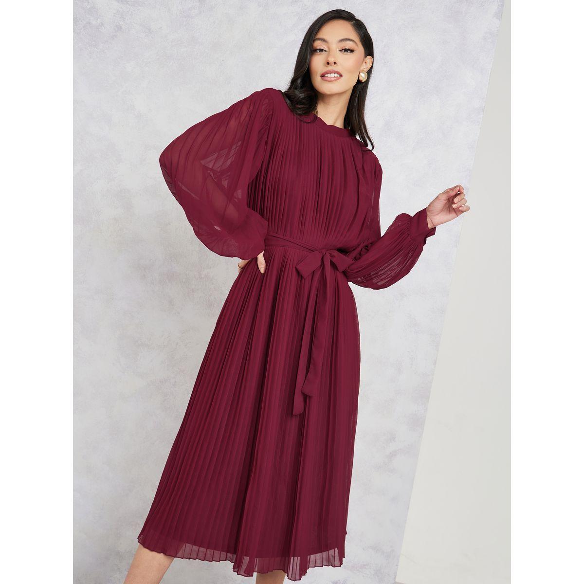 Styli Pleated Sheath Midi Dress with Tie Up Belt-women-clothing-dresses-image-2