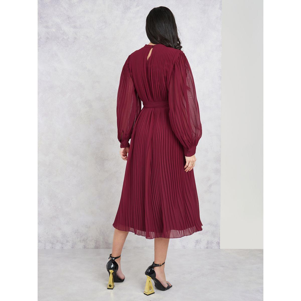 Styli Pleated Sheath Midi Dress with Tie Up Belt-women-clothing-dresses-image-4