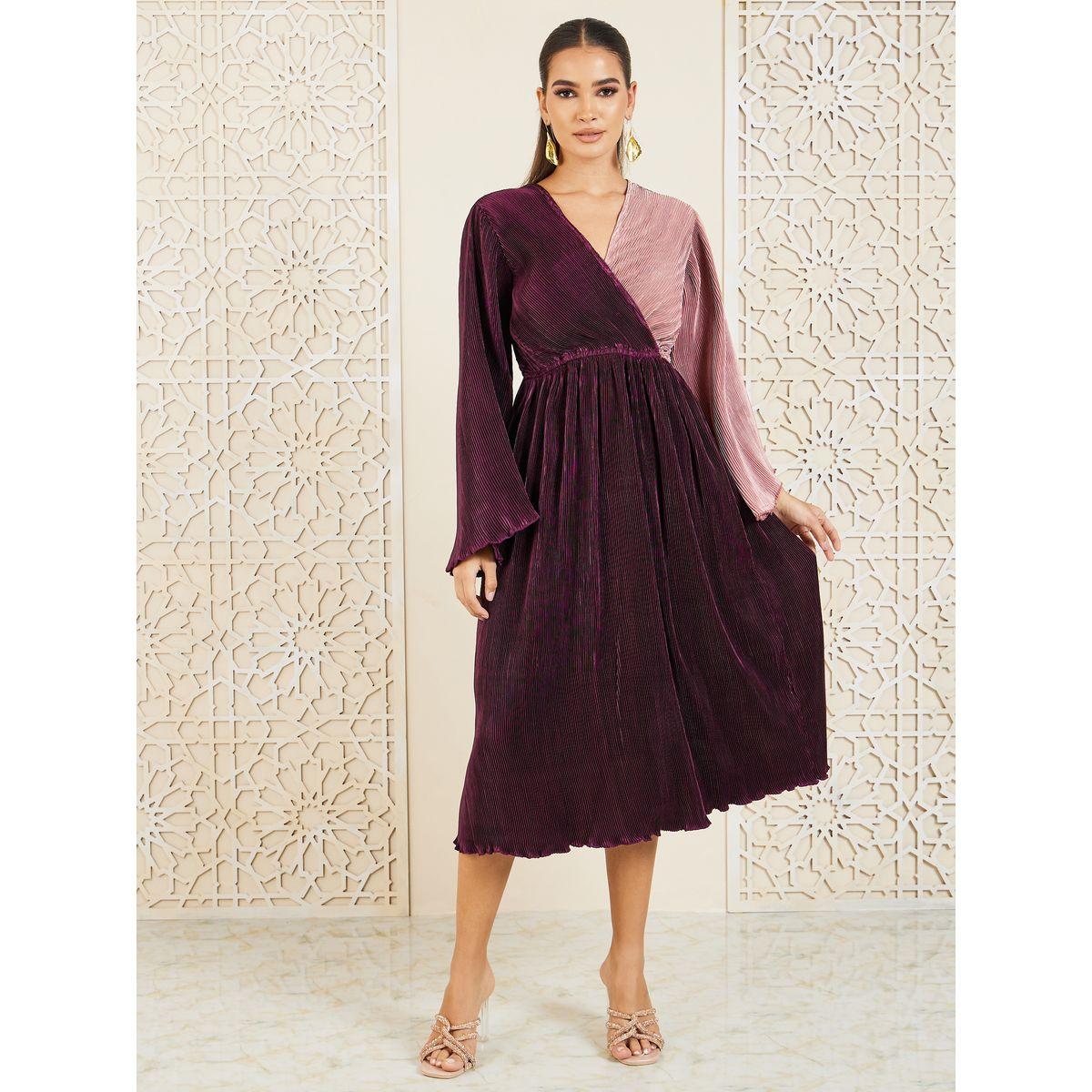 Styli Plisse Colorblock A-Line Midi Dress-women-clothing-dresses-image-1
