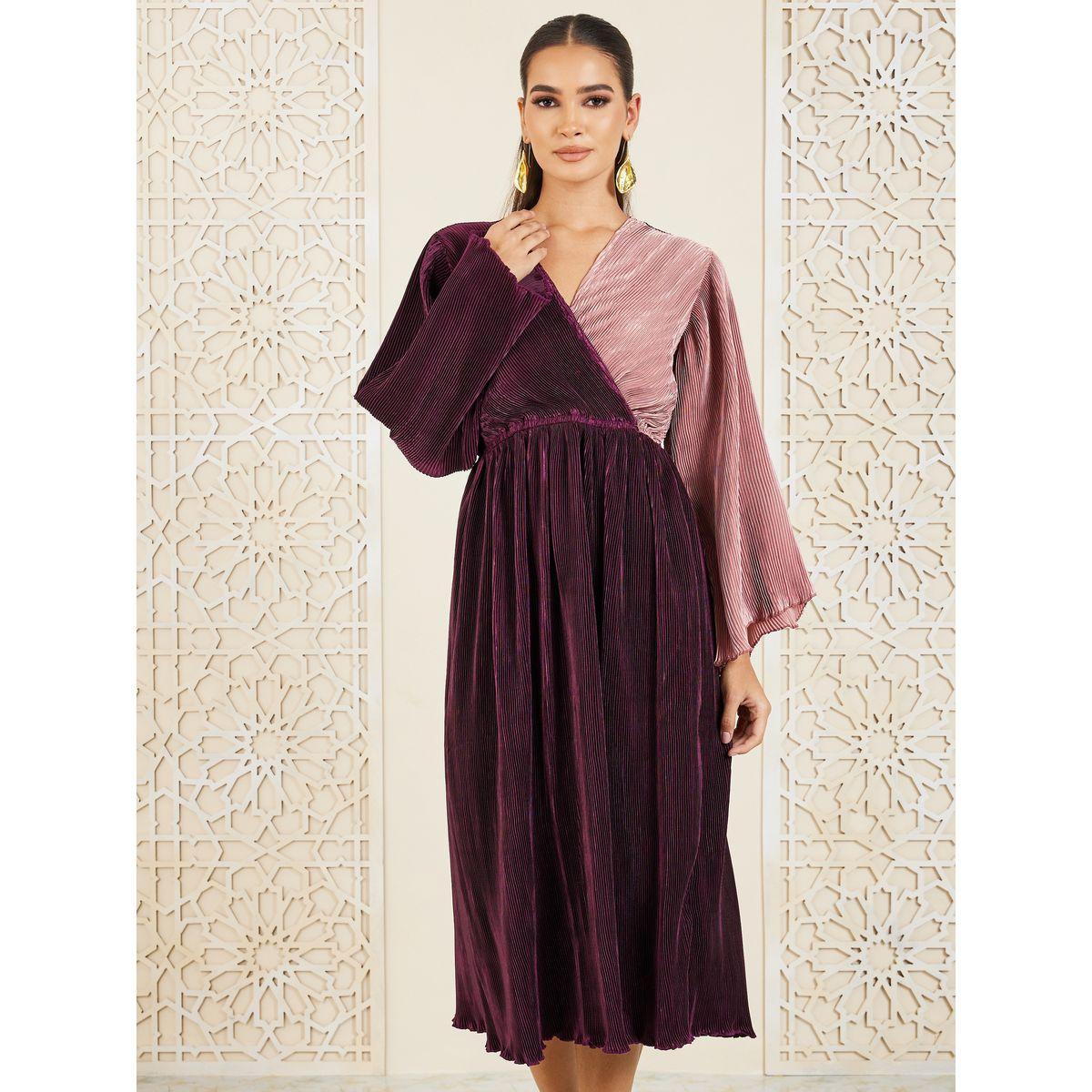 فستان بليسيه ميدي بنمط كتل الالوان-women-clothing-dresses-image-2