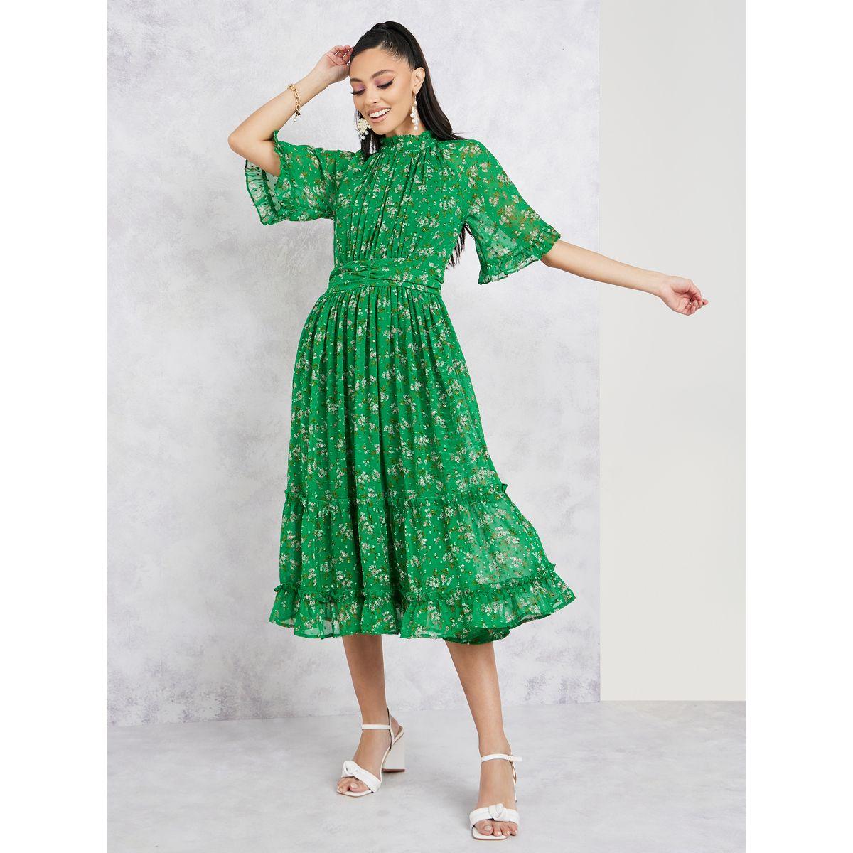 Styli Pleated High Neck Ditsy Print A-Line Midi Dress-women-clothing-dresses-image-1