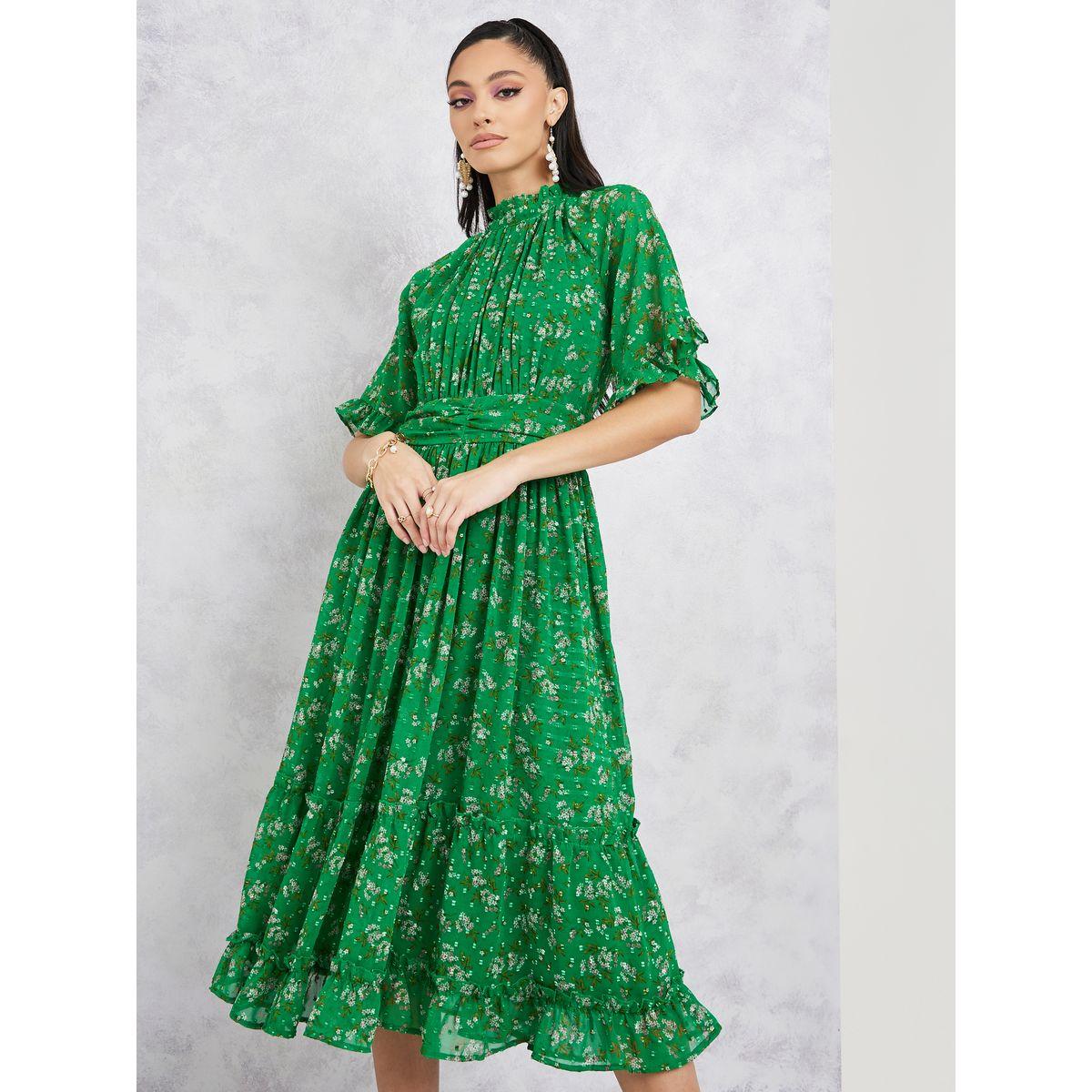 Styli Pleated High Neck Ditsy Print A-Line Midi Dress-women-clothing-dresses-image-2