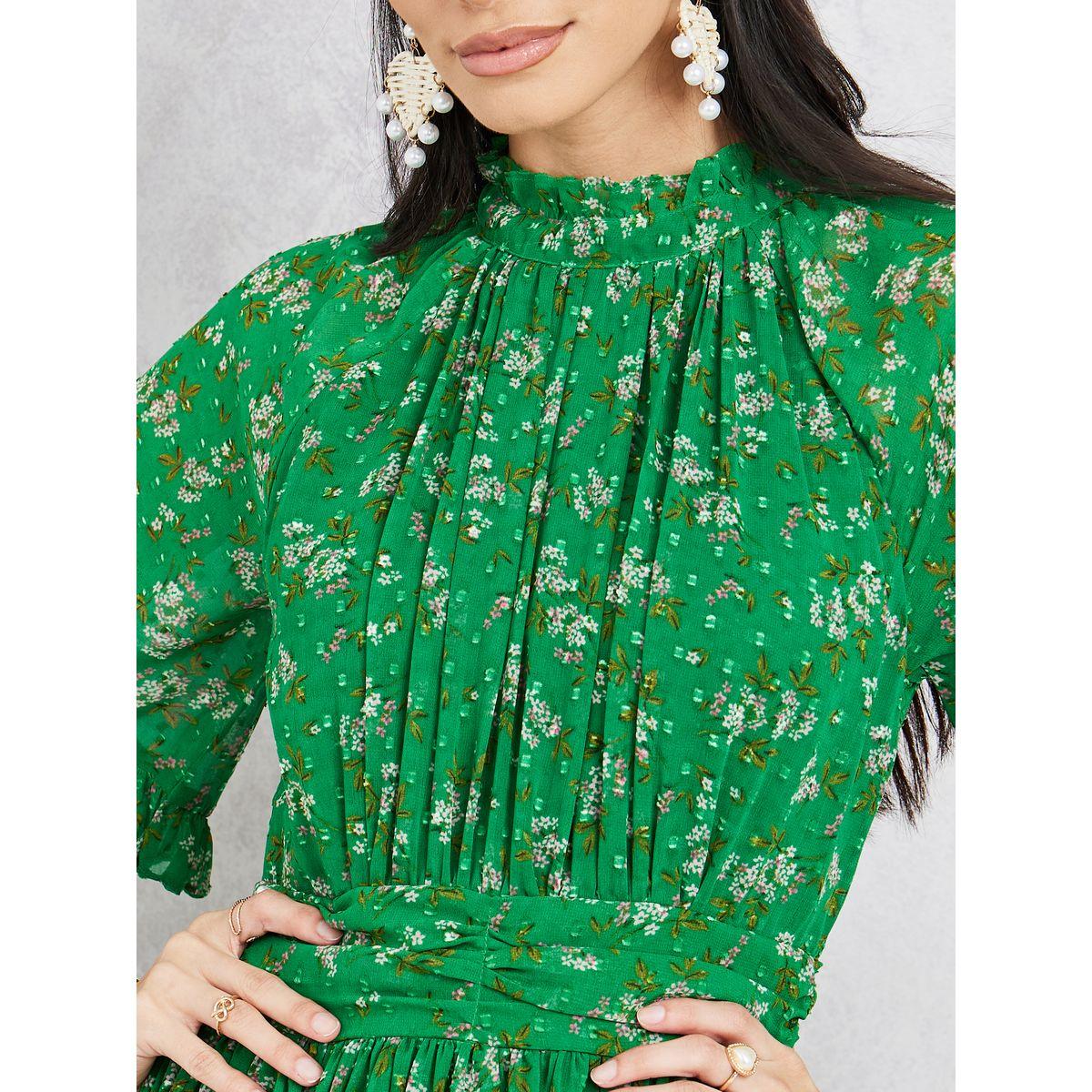 Styli Pleated High Neck Ditsy Print A-Line Midi Dress-women-clothing-dresses-image-3