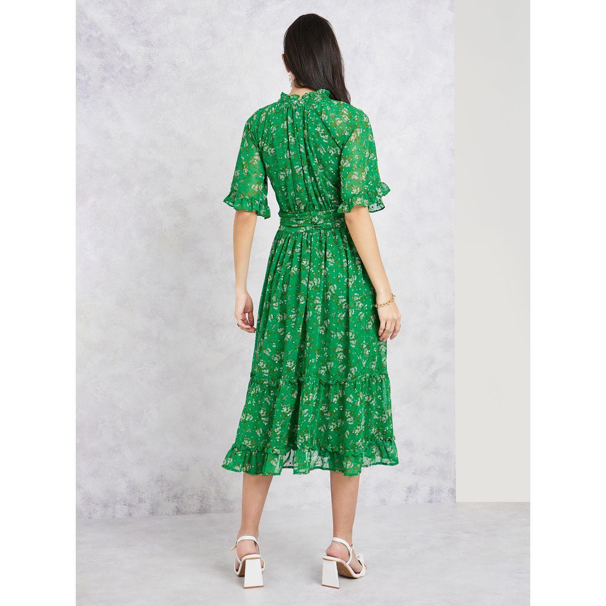 Styli Pleated High Neck Ditsy Print A-Line Midi Dress-women-clothing-dresses-image-4