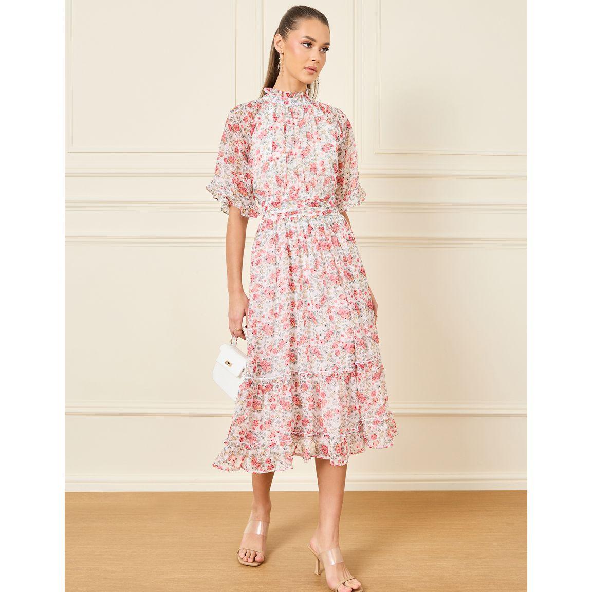 Styli Pleated High Neck Floral Print A-Line Midi Dress-women-clothing-dresses-image-1