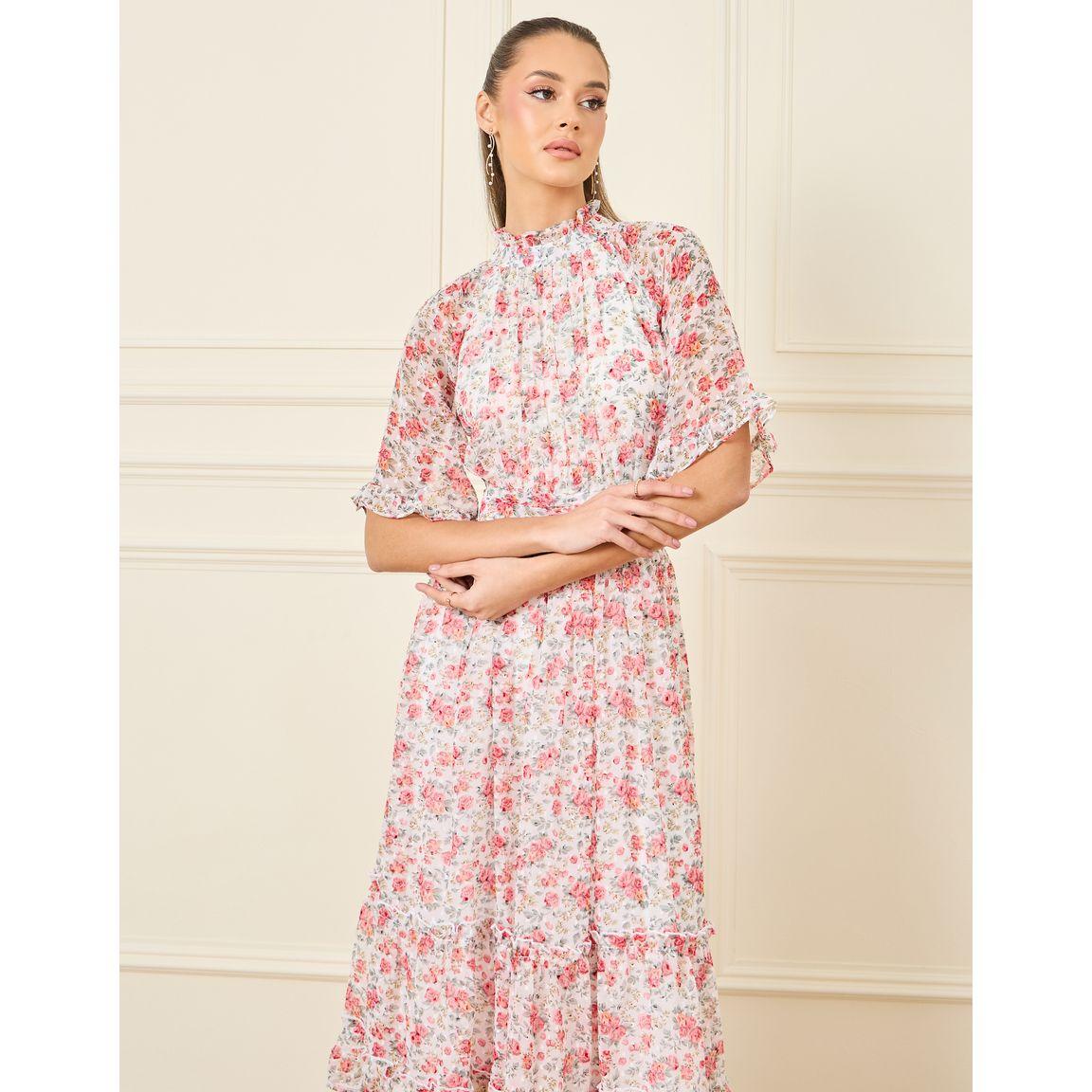 Styli Pleated High Neck Floral Print A-Line Midi Dress-women-clothing-dresses-image-3