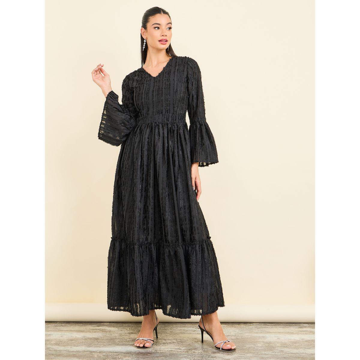 Styli Tassel Texture Tiered Maxi Dress with Long Sleeves-women-clothing-dresses-image-1