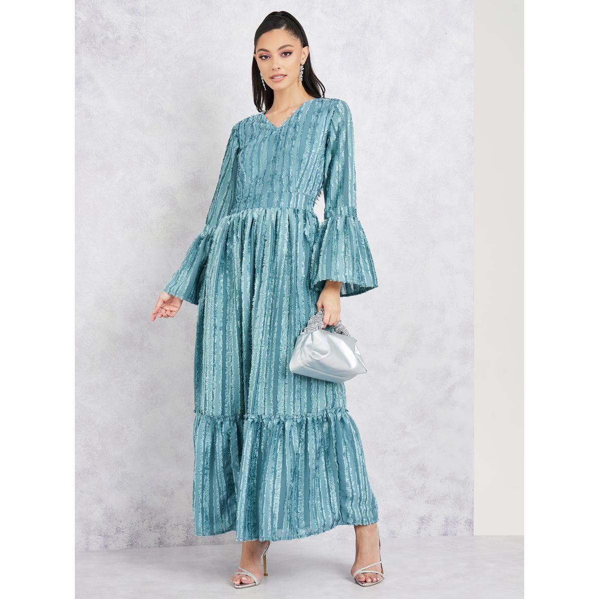 Styli Tassel Texture Tiered Maxi Dress with Long Sleeves-women-clothing-dresses-image-1