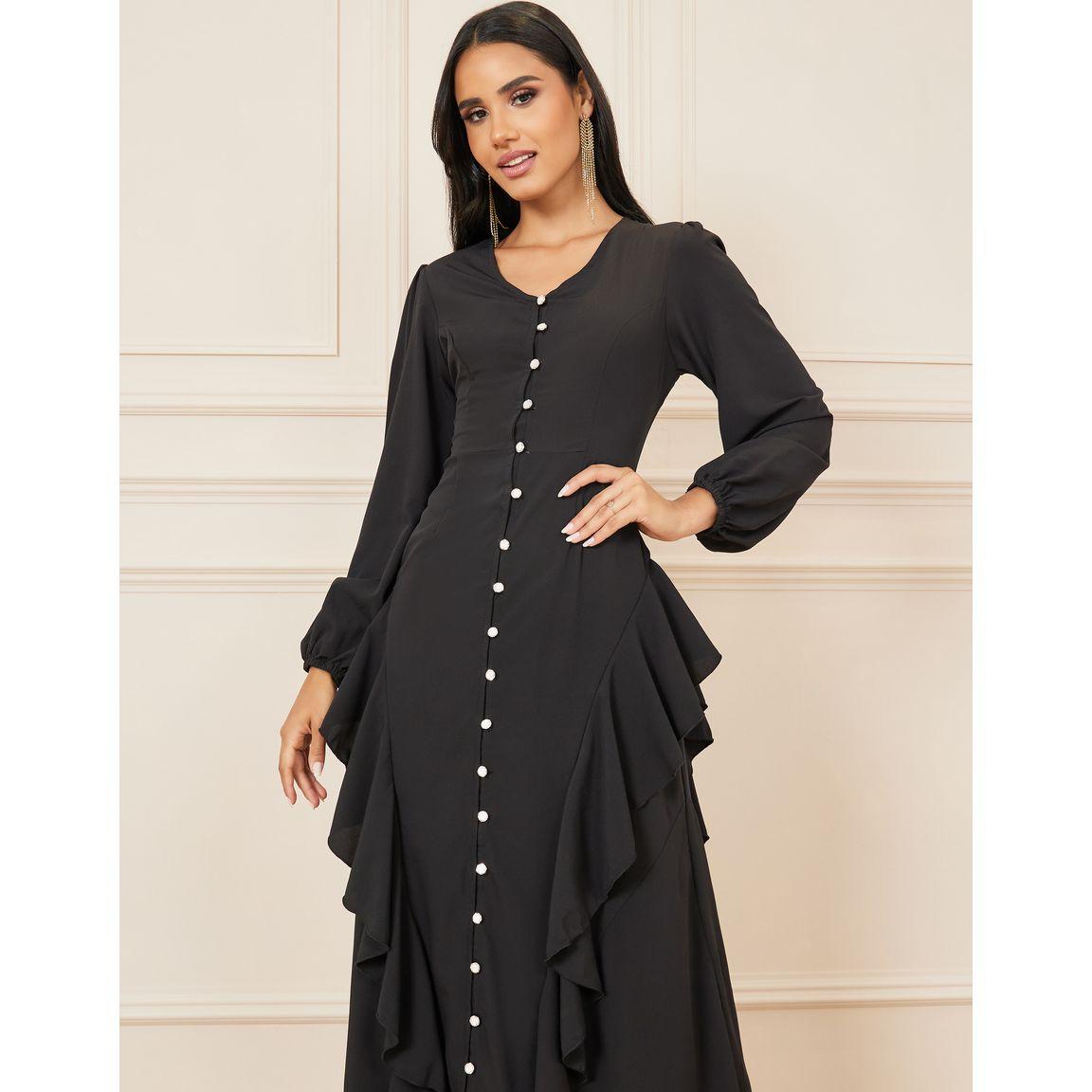 Styli Ruffle Detail Front Button Sheath Dress-women-clothing-dresses-image-2