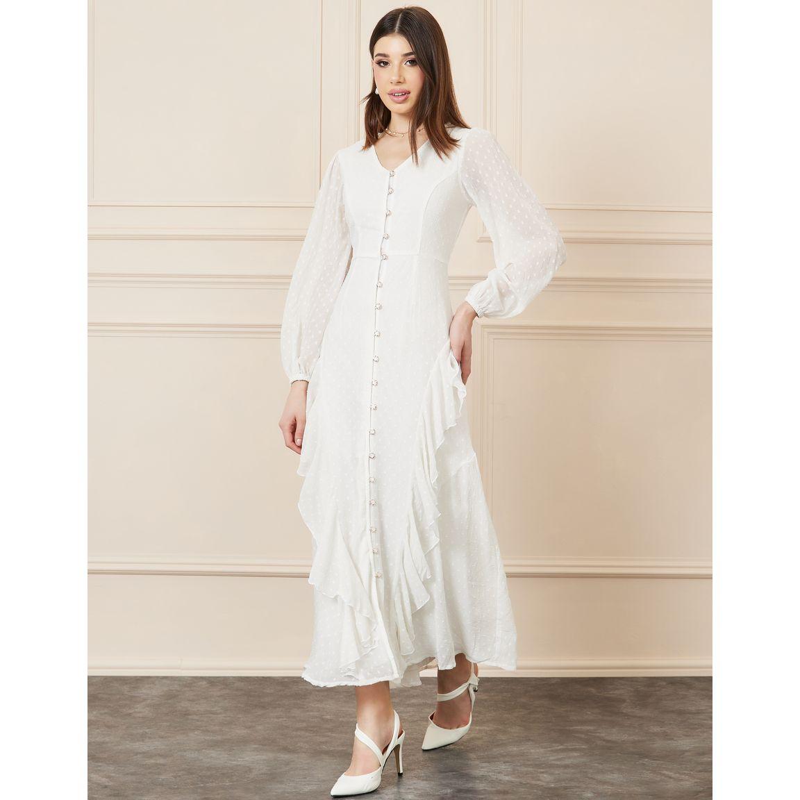 فستان بتفاصيل مُطرّزة وكشكش مع أزرار-women-clothing-dresses-image-1