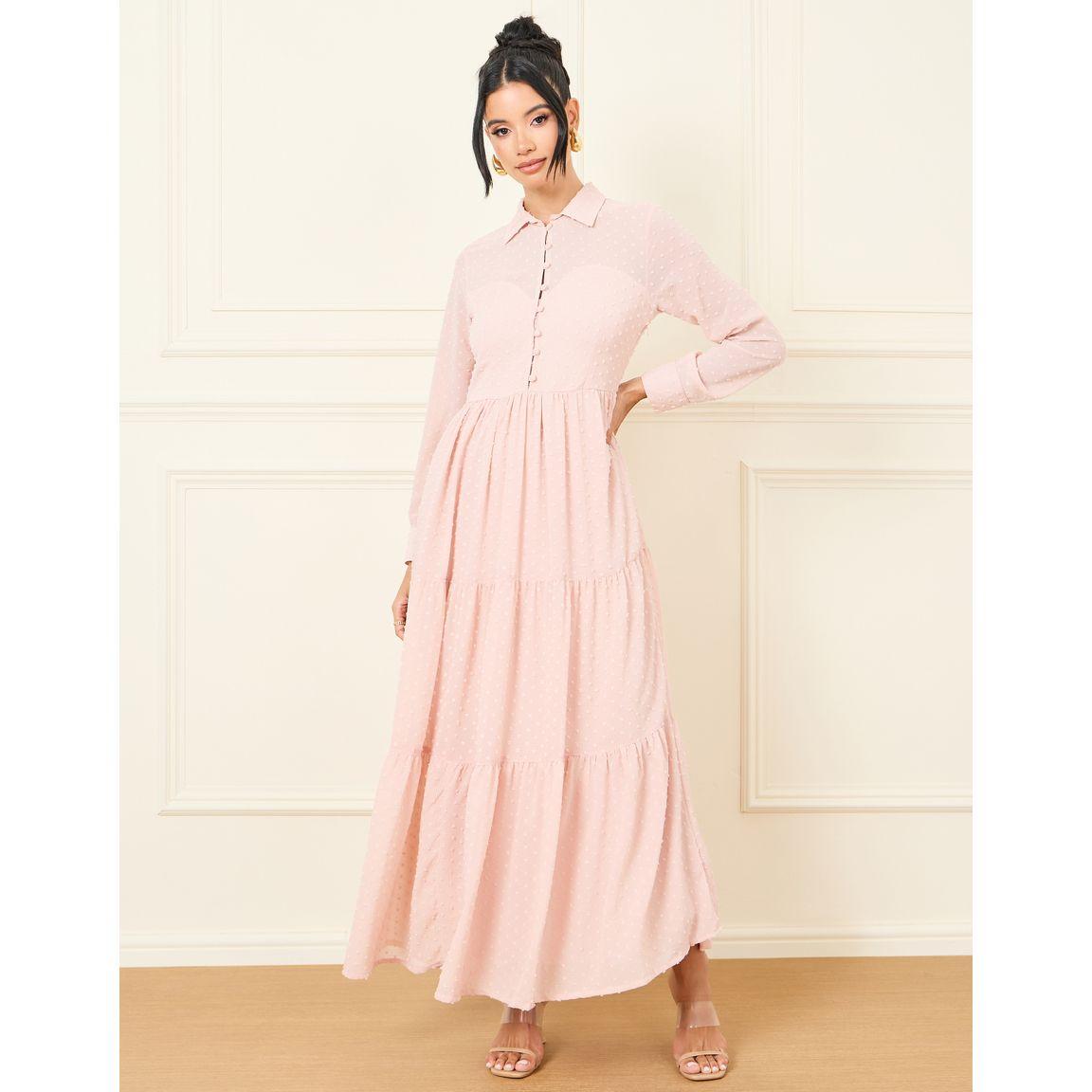 Styli Dobby Button Detail Collared Tiered Maxi Dress-women-clothing-dresses-image-1