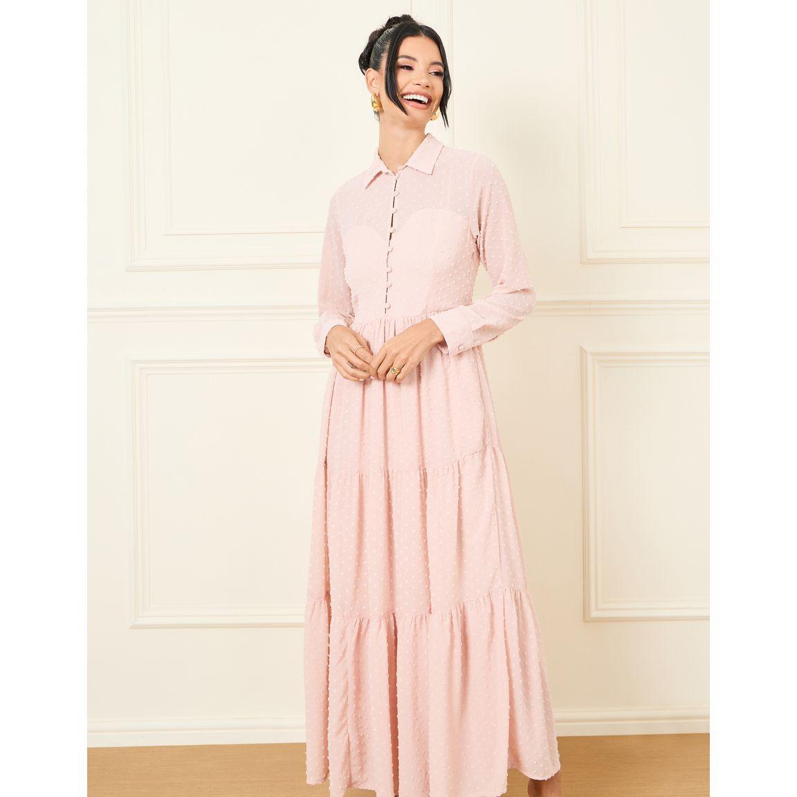Styli Dobby Button Detail Collared Tiered Maxi Dress-women-clothing-dresses-image-2