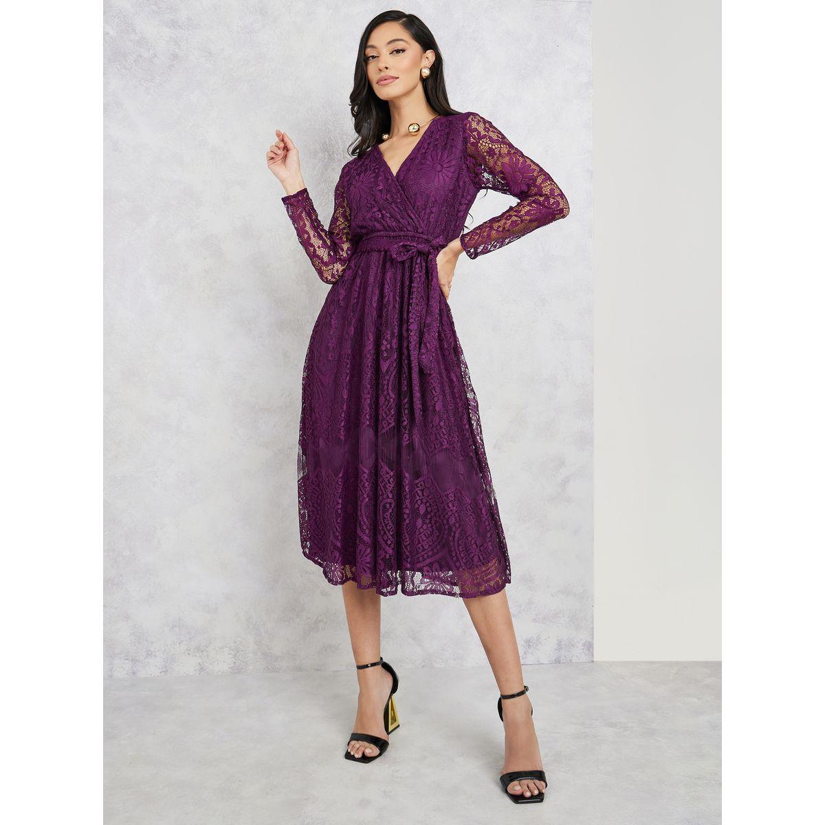 Styli All Over Lace A-Line Midi Dress with Tie Up Belt-women-clothing-dresses-image-2