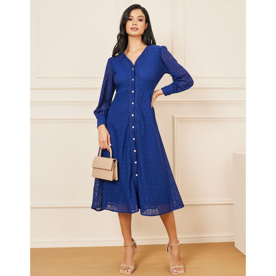 Styli All Over Lace Front Button Detail Midi Dress-women-clothing-dresses-image-1