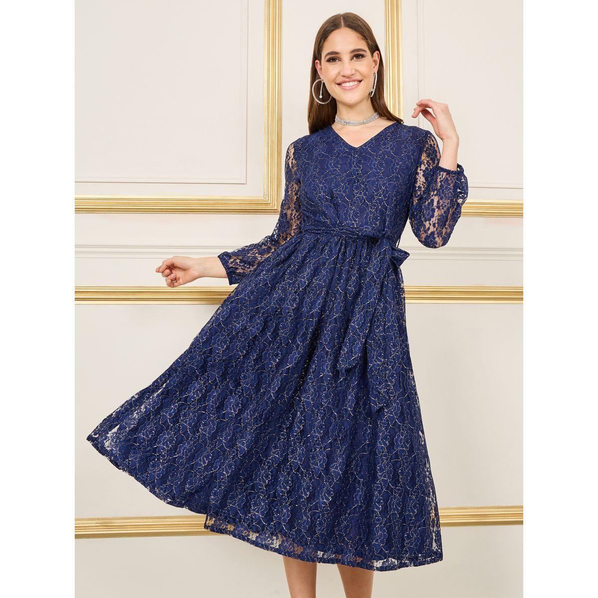 Styli All Over Lace Self Tie Up A-Line Midi Dress-women-clothing-dresses-image-1
