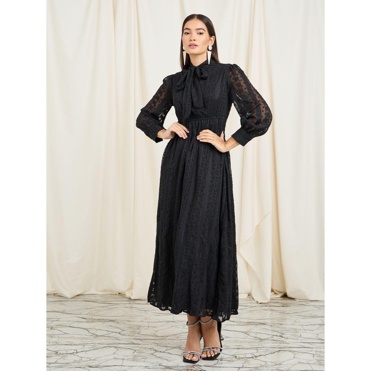 Styli Dobby Textured Tie Up Neck A-Line Maxi Dress-women-clothing-dresses-image-1
