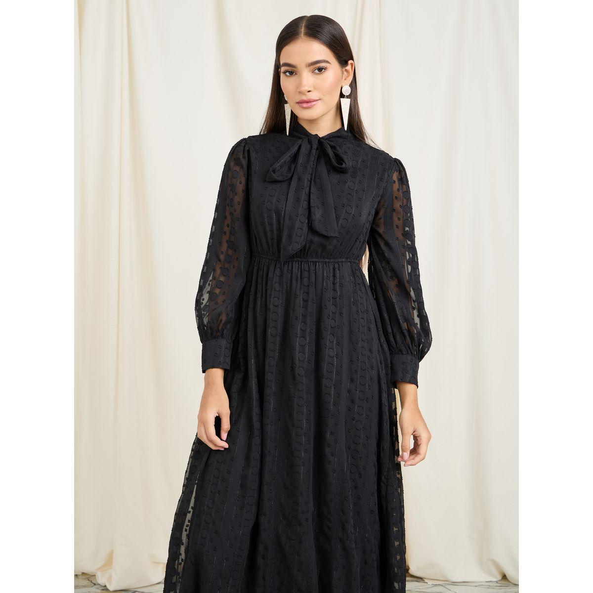Styli Dobby Textured Tie Up Neck A-Line Maxi Dress-women-clothing-dresses-image-2