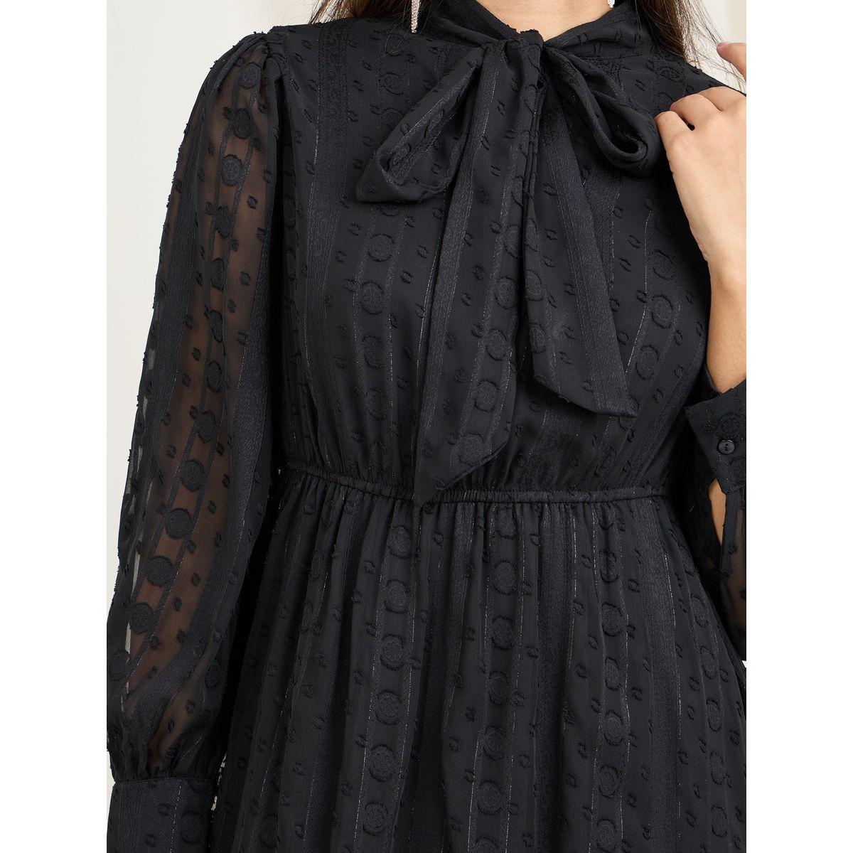 Styli Dobby Textured Tie Up Neck A-Line Maxi Dress-women-clothing-dresses-image-3