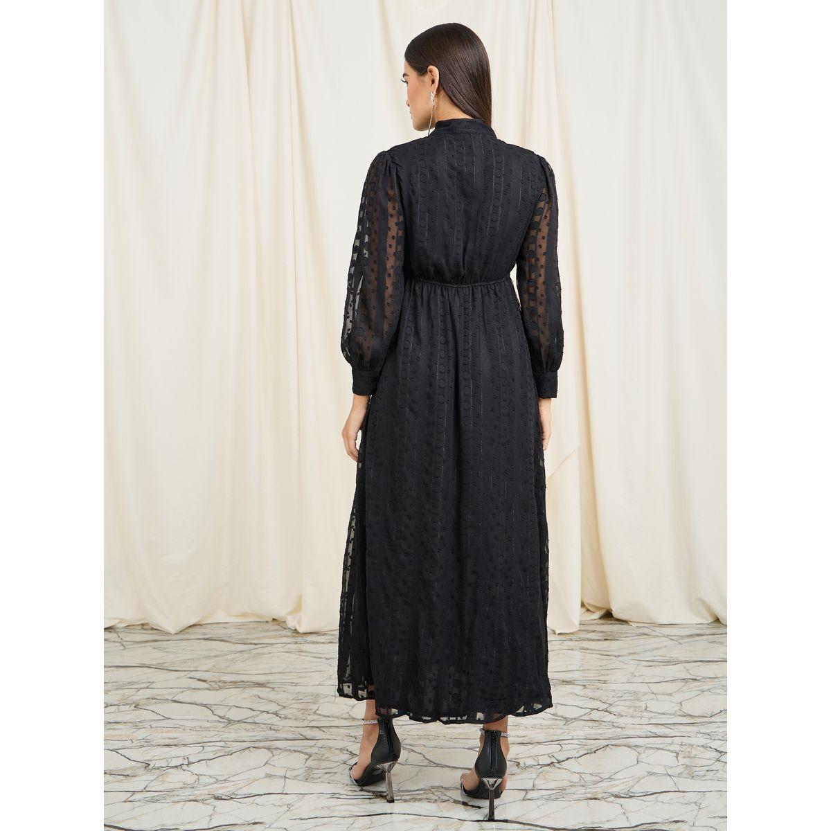 Styli Dobby Textured Tie Up Neck A-Line Maxi Dress-women-clothing-dresses-image-4