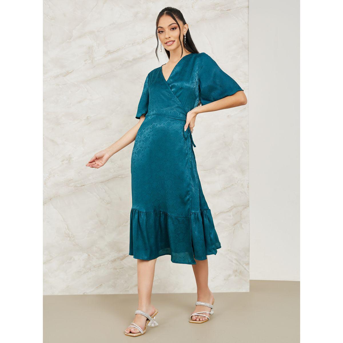 Styli Jacquard Wrap Midi Dress with Tie Up-women-clothing-dresses-image-1