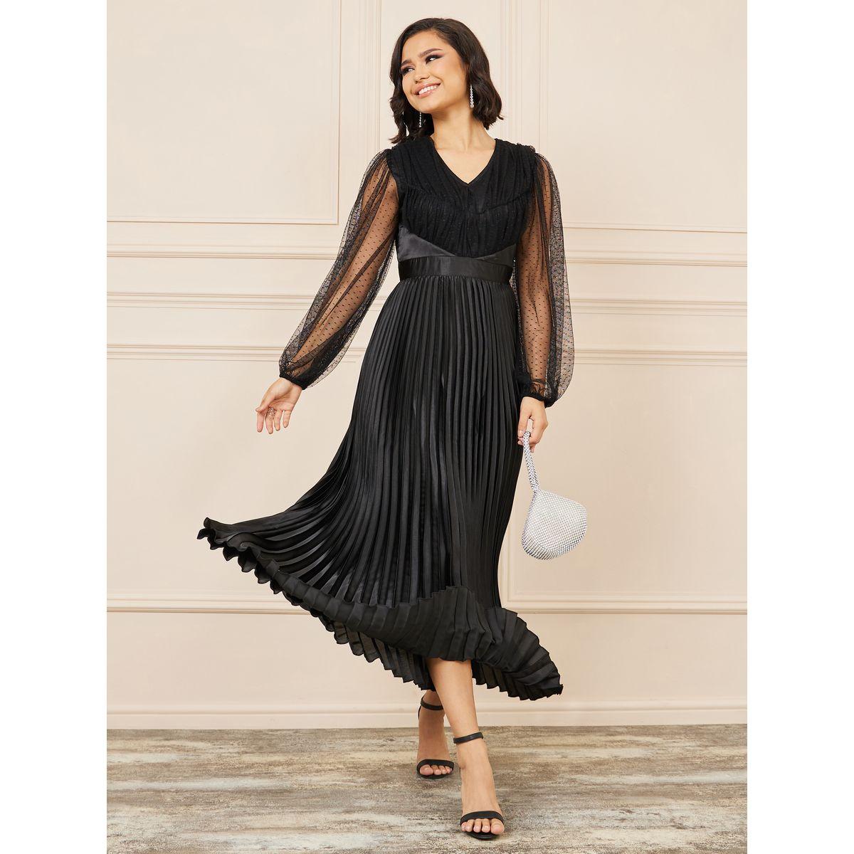 Styli Dobby Mesh Sleeves Satin Pleated A-Line Maxi Dress-women-clothing-dresses-image-1