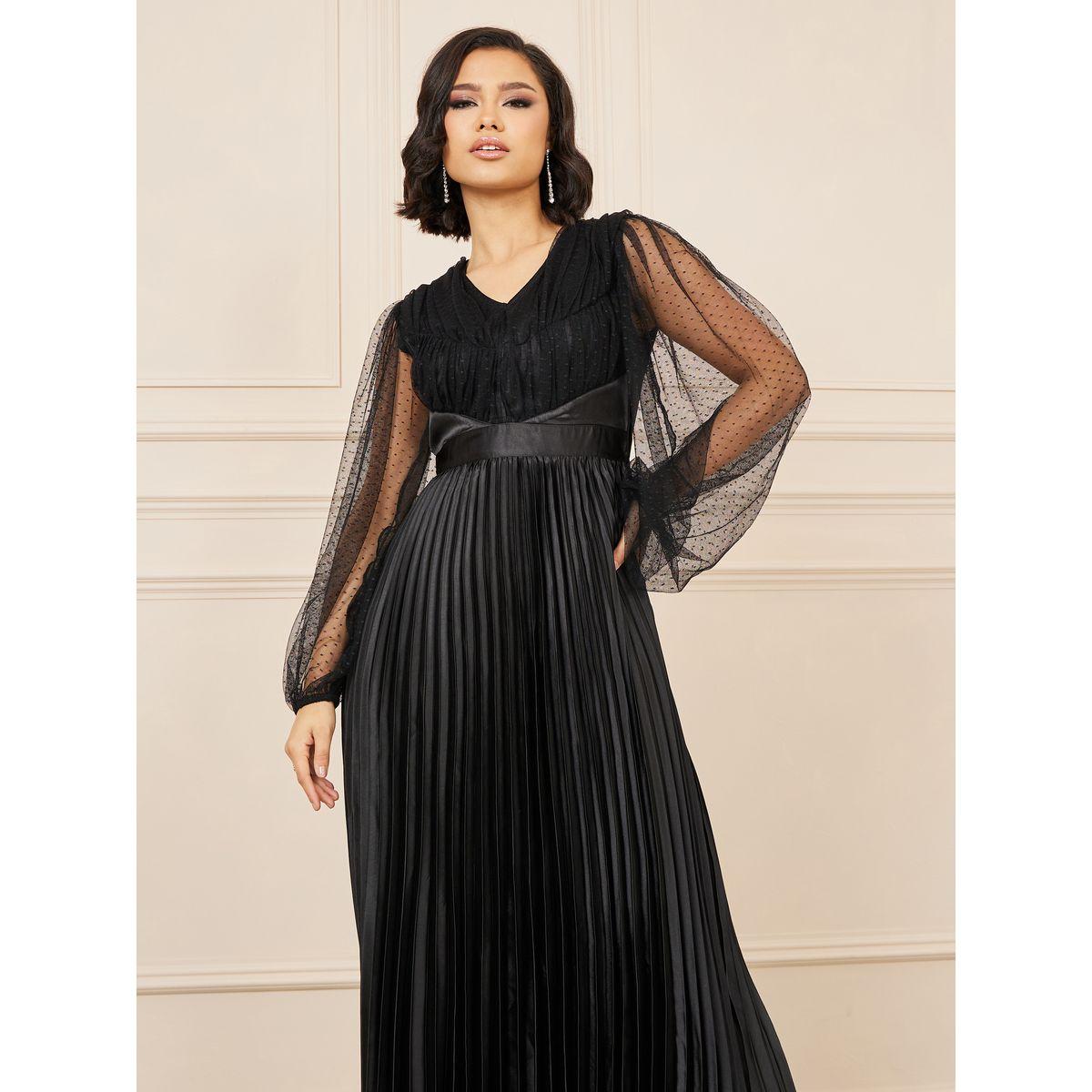 فستان ساتان طويل بكسرات وتفاصيل شبكية-women-clothing-dresses-image-2
