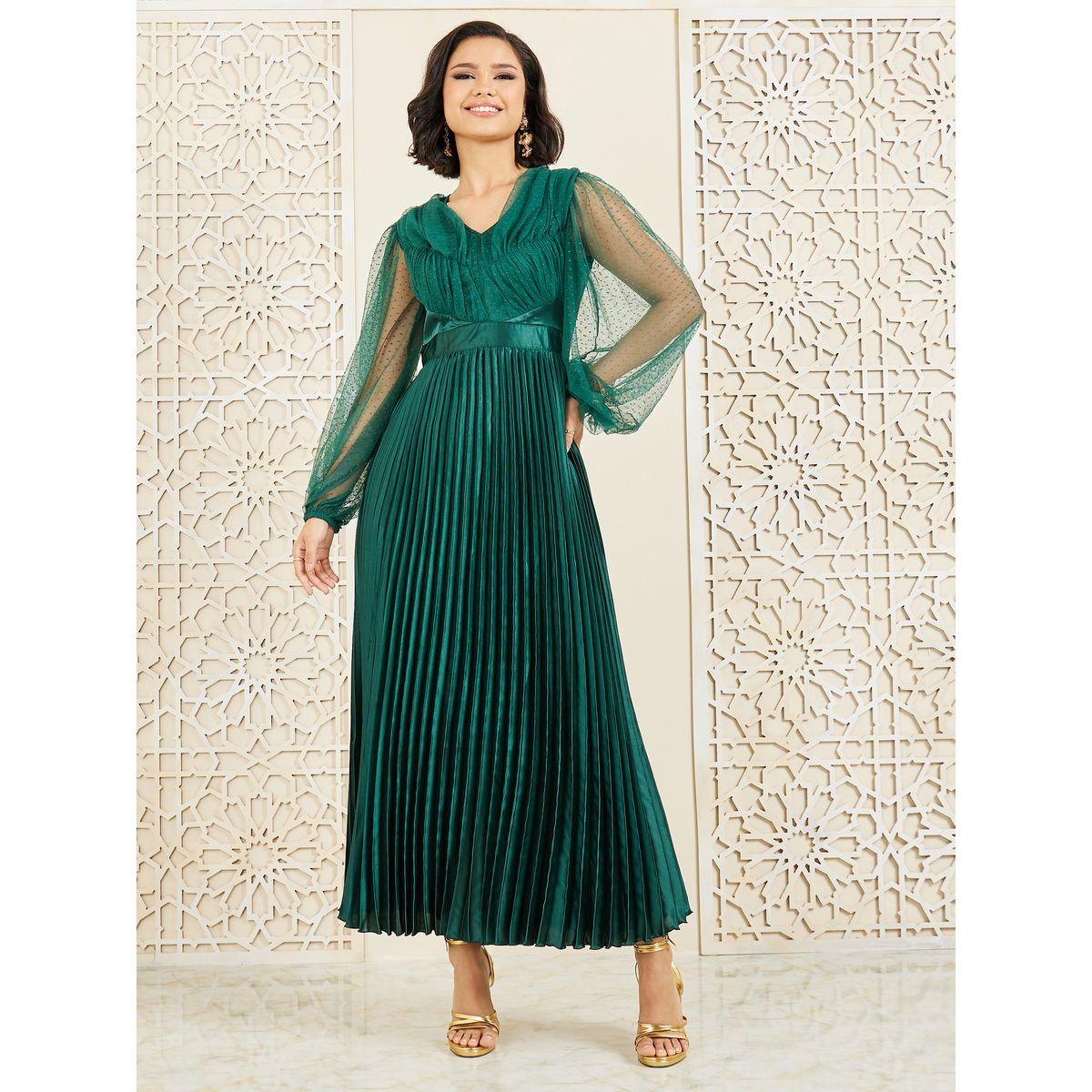فستان ساتان طويل بكسرات واكمام شبكية-women-clothing-dresses-image-1