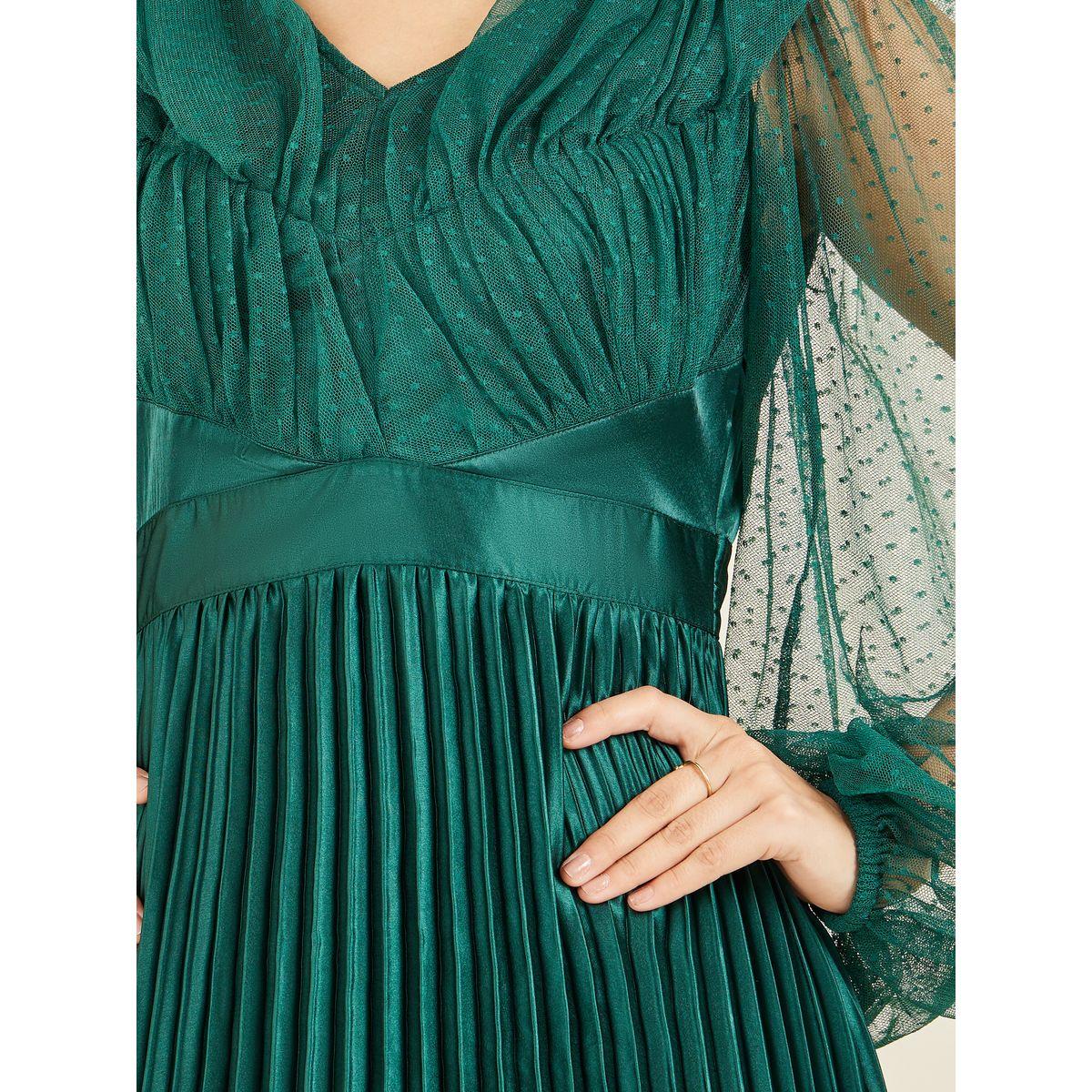 فستان ساتان طويل بكسرات واكمام شبكية-women-clothing-dresses-image-3