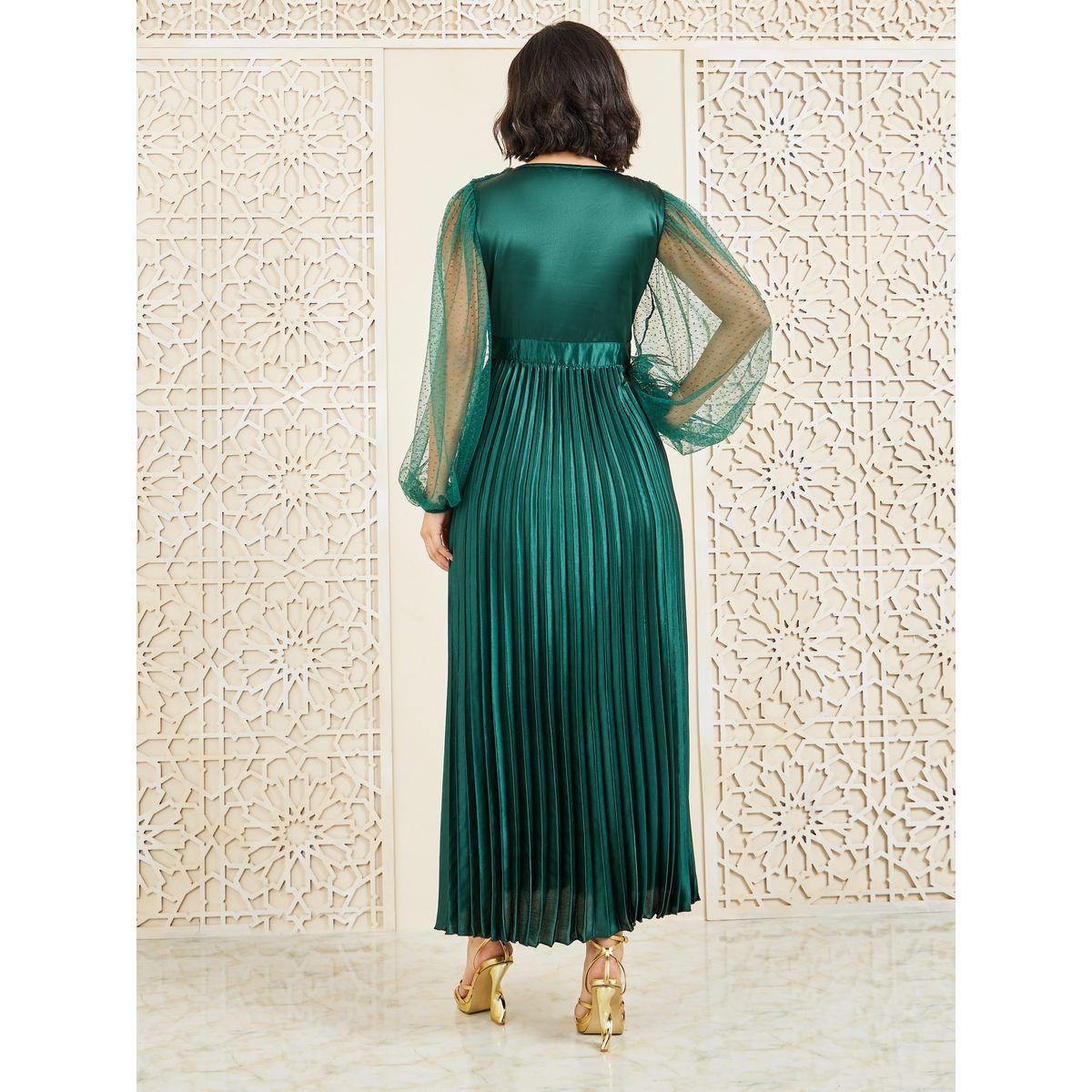 Styli Dobby Mesh Sleeves Satin Pleated A-Line Maxi Dress-women-clothing-dresses-image-4