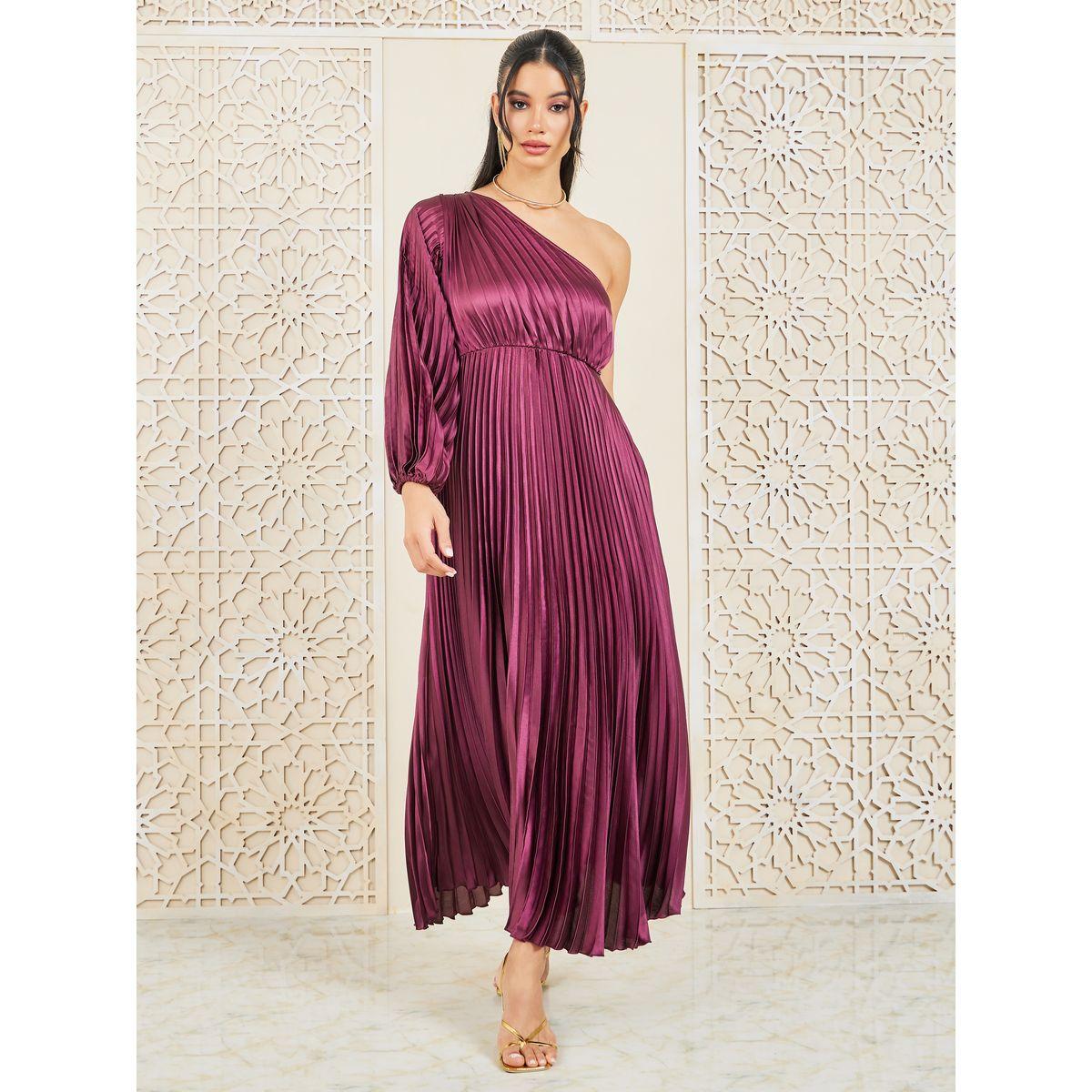 فستان طويل مزين بكسرات وكتف واحد-women-clothing-dresses-image-1