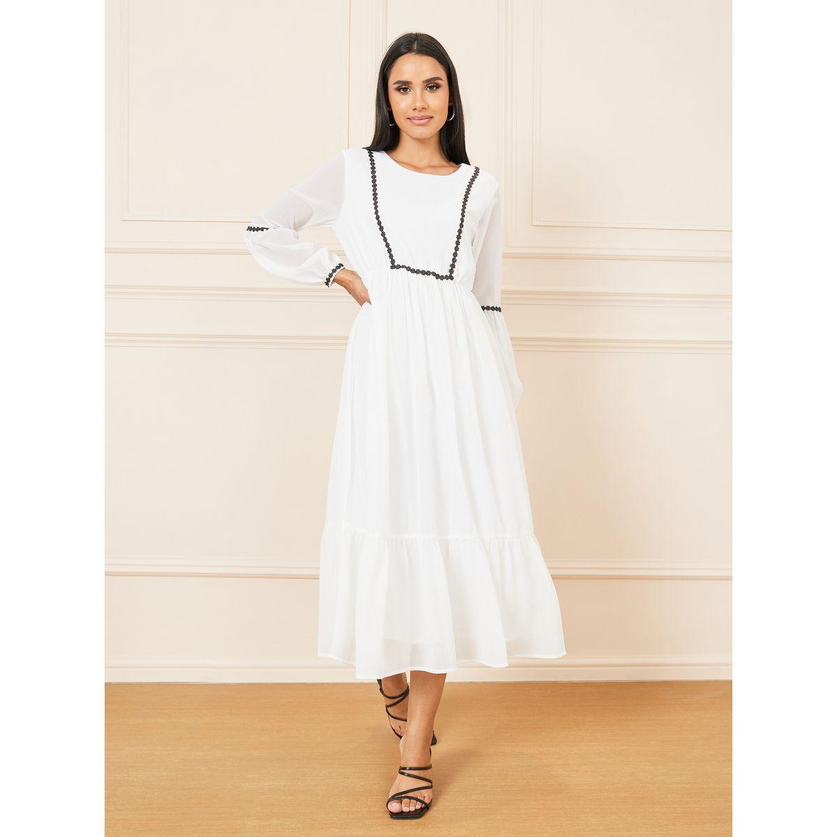 Styli Contrast Embroidered Long Sleeves Tiered Midi Dress-women-clothing-dresses-image-1