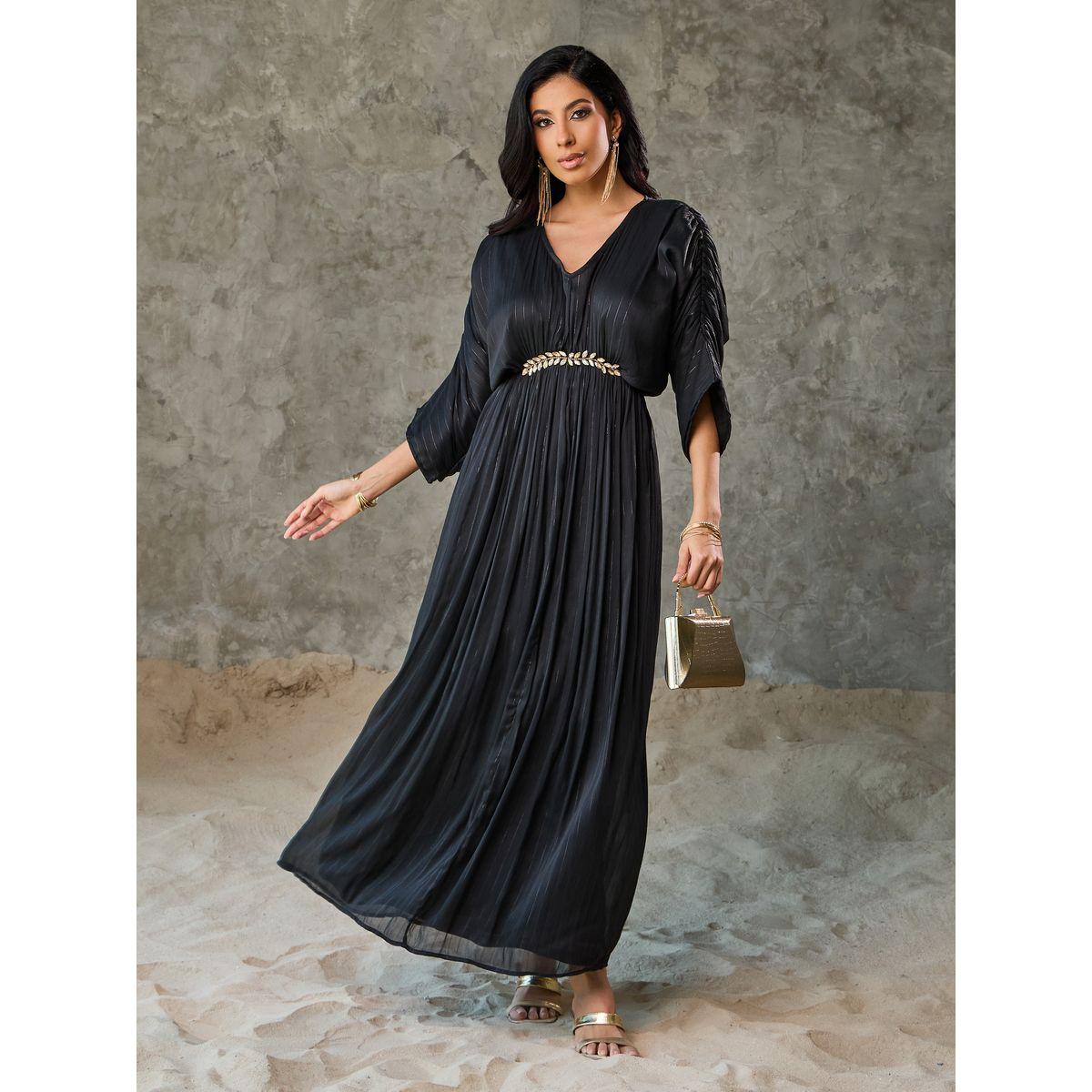 Styli Embellished Lurex Striped Gathered Detail A-Line Maxi Dress-women-clothing-dresses-image-1