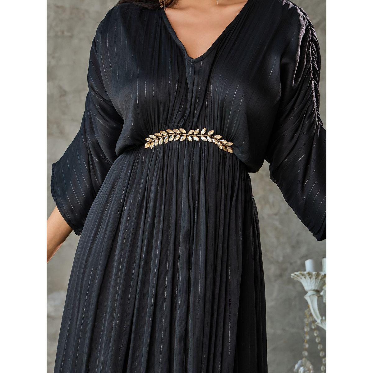 Styli Embellished Lurex Striped Gathered Detail A-Line Maxi Dress-women-clothing-dresses-image-3