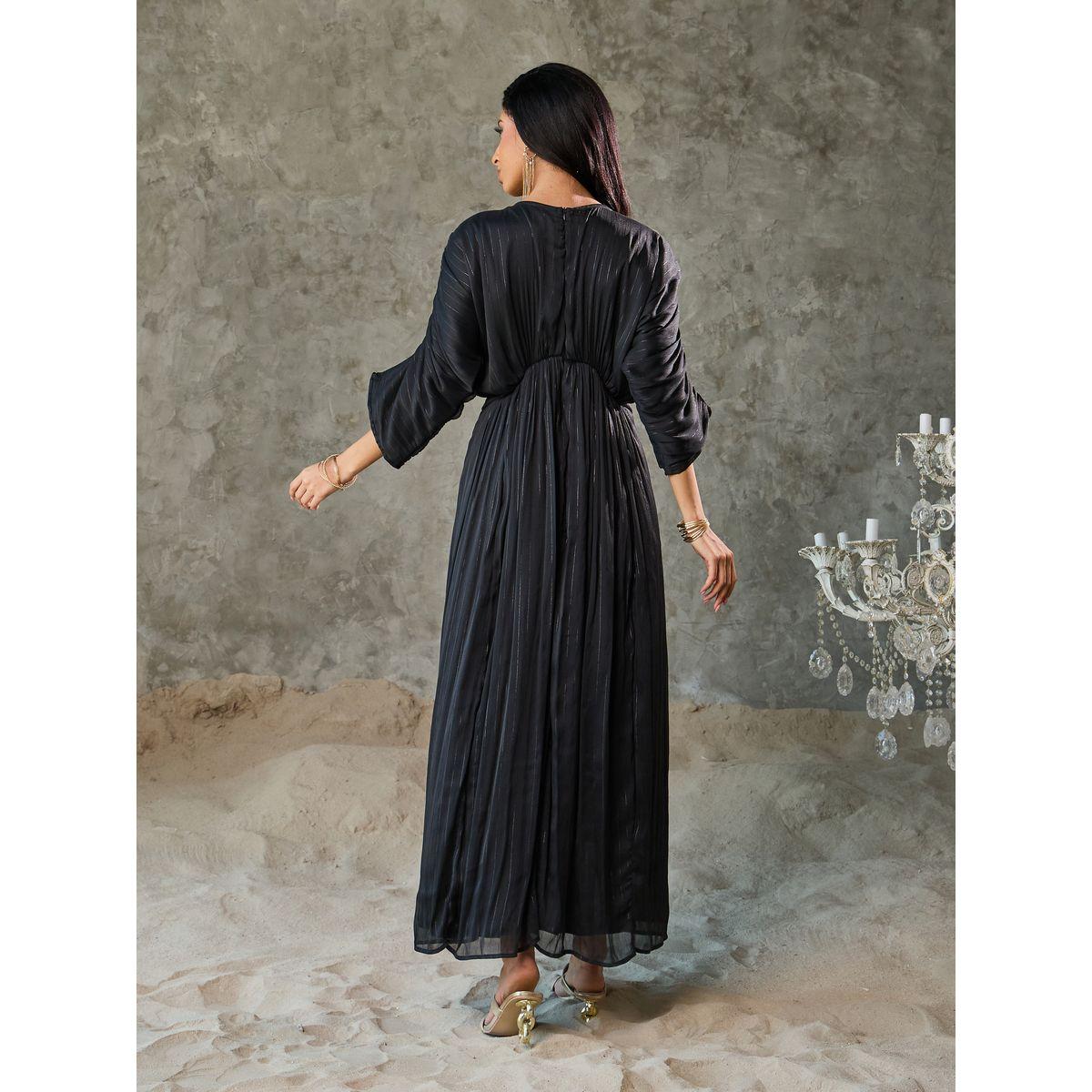 Styli Embellished Lurex Striped Gathered Detail A-Line Maxi Dress-women-clothing-dresses-image-4