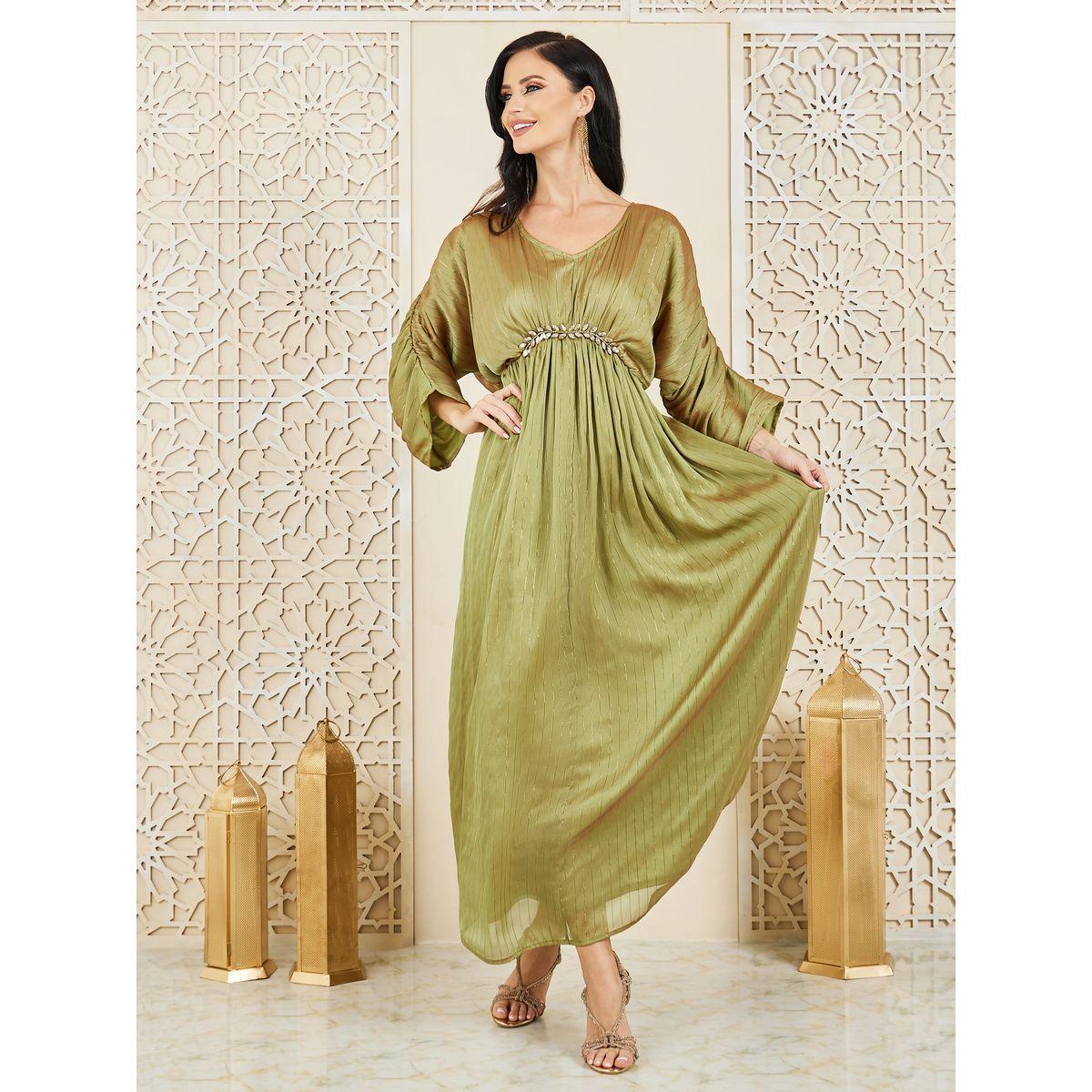 فستان طويل بخطوط نسيج لوريكس وكسرات-women-clothing-dresses-image-1